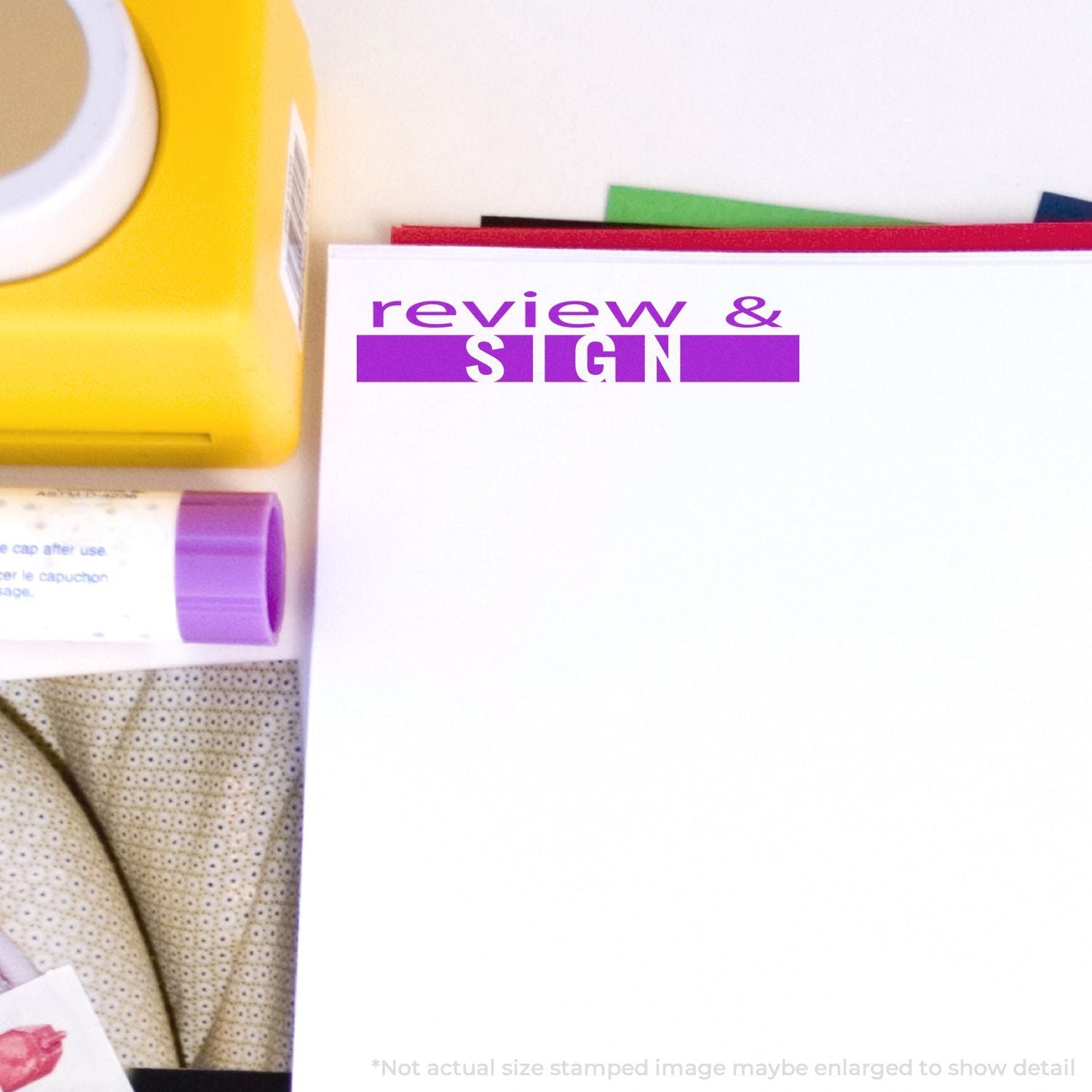 Review and Sign card beside personal care items, promoting customer feedback and sign-up for product reviews.