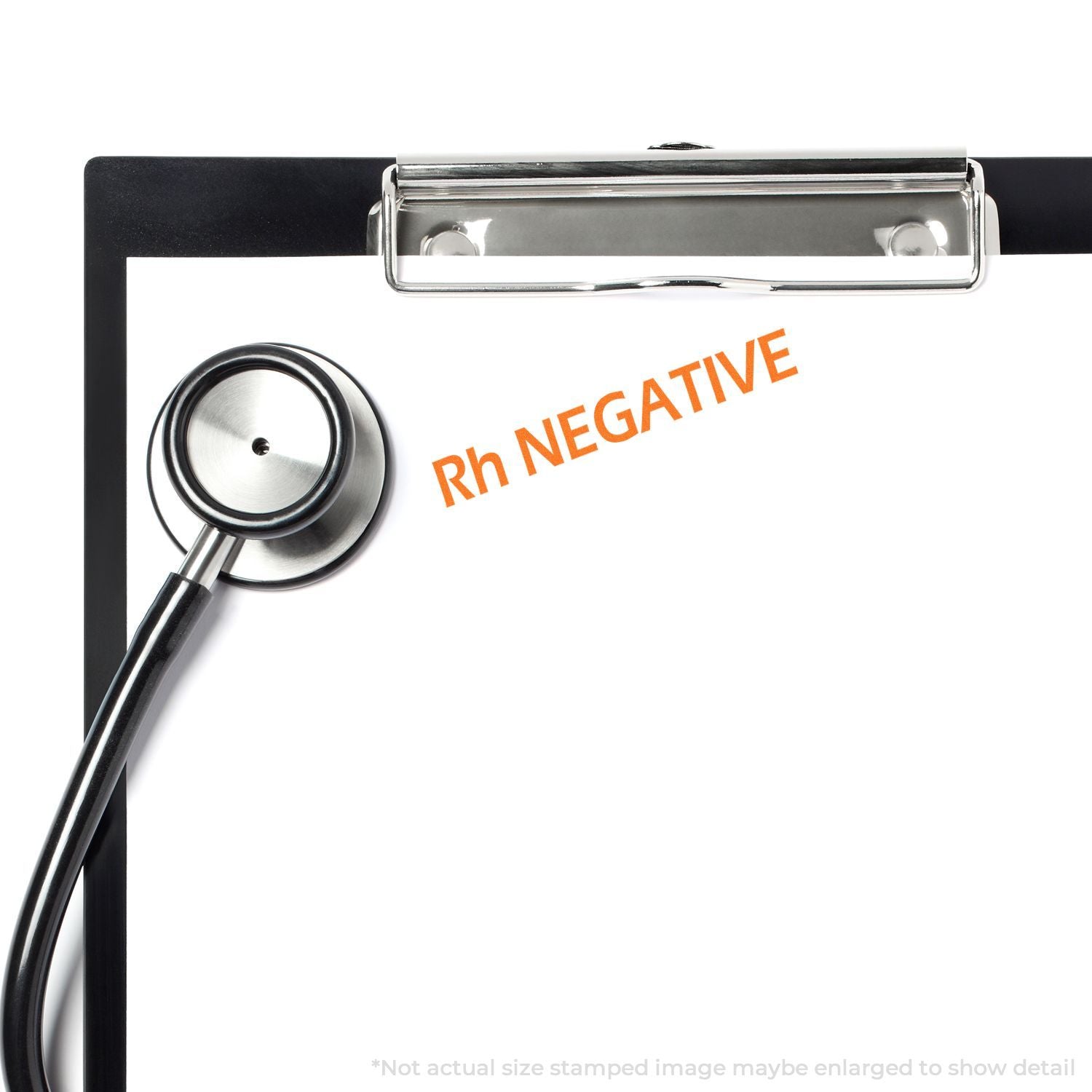 Medical stethoscope and clipboard showing Rh NEGATIVE blood type label for medical lab testing and screening.