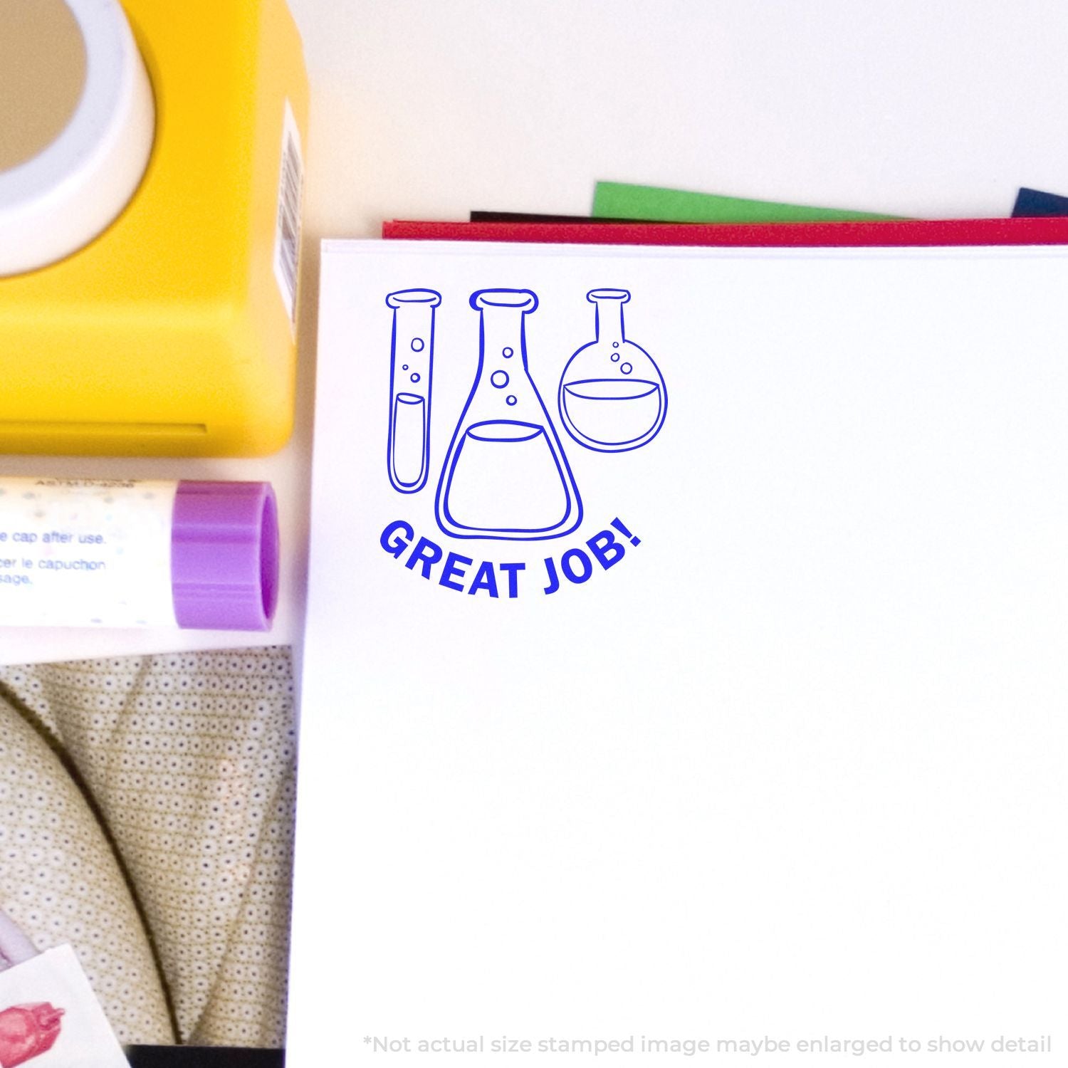 Great Job science stamp with lab glassware icon, classroom reward for students
