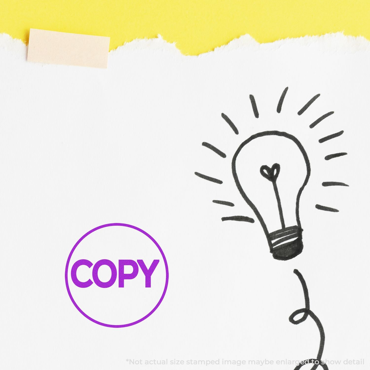 Minimalist creative copywriting concept with hand-drawn light bulb icon and purple COPY stamp on white paper background