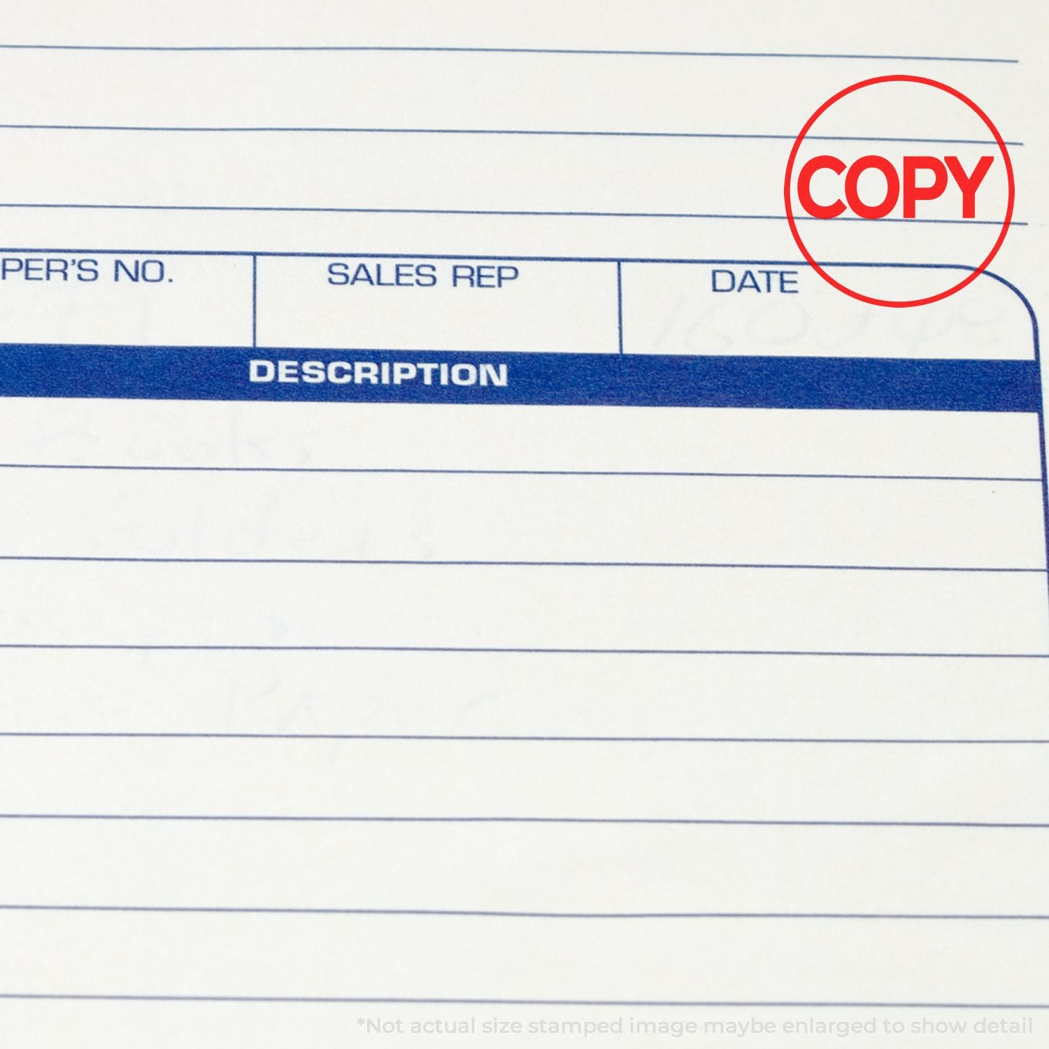 Red COPY stamp on a blank business invoice form with sales rep, date, and description fields.