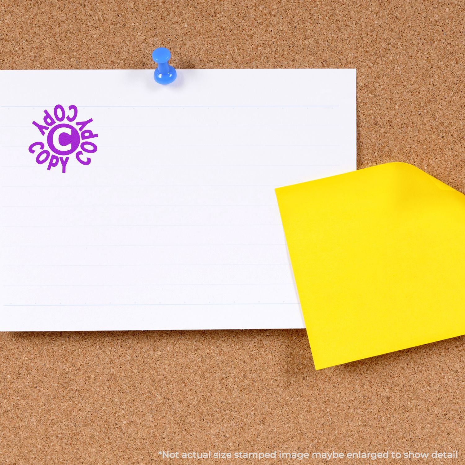 Blank white paper pinned to a corkboard with a blue pushpin, yellow sticky note, and copyright symbol graphic.