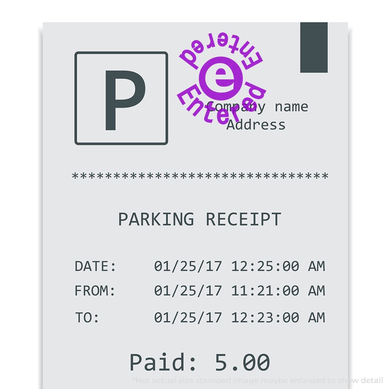 Parking receipt with entered stamp, parking date and time, and paid amount displayed.