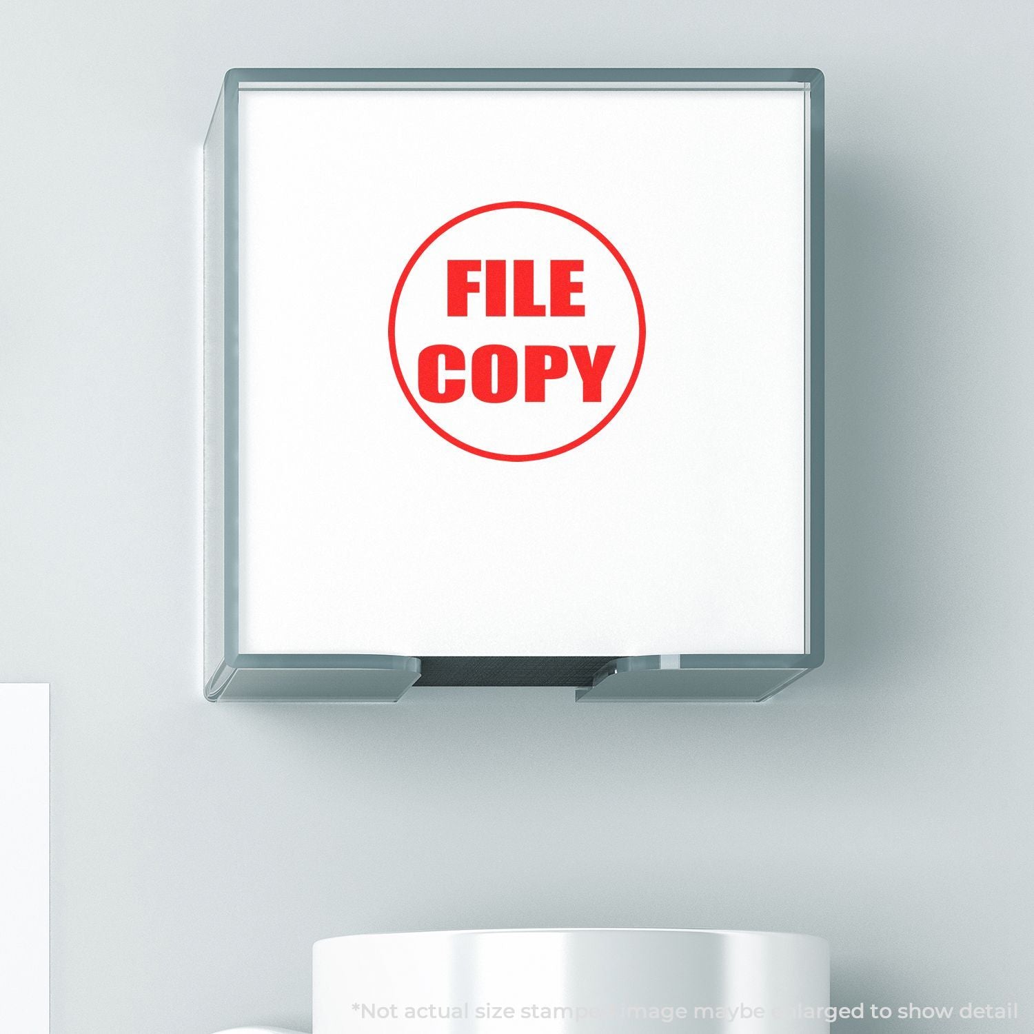 Red FILE COPY stamp on a white document in a transparent office file holder, close-up business paperwork image
