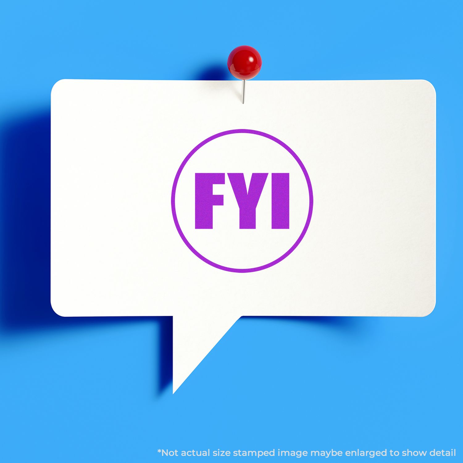 FYI speech bubble icon pinned on blue background with purple text and red pushpin.
