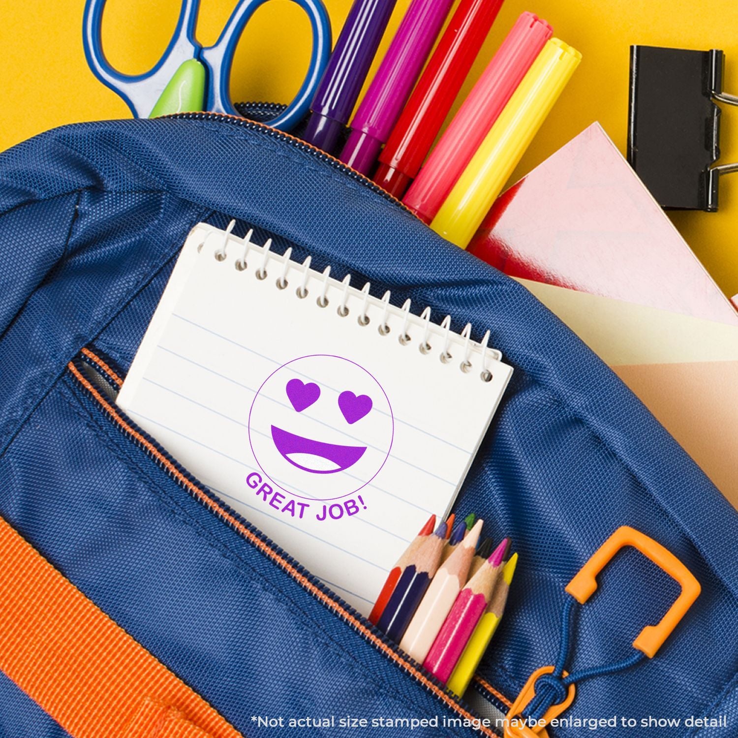 Back-to-school backpack with notebook, colorful pens, pencils, scissors, and school supplies on yellow background