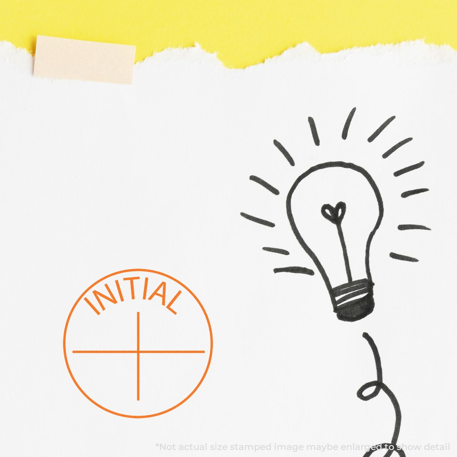 Hand-drawn light bulb with heart filament and initial stamp on a yellow torn paper background, creative logo design concept.