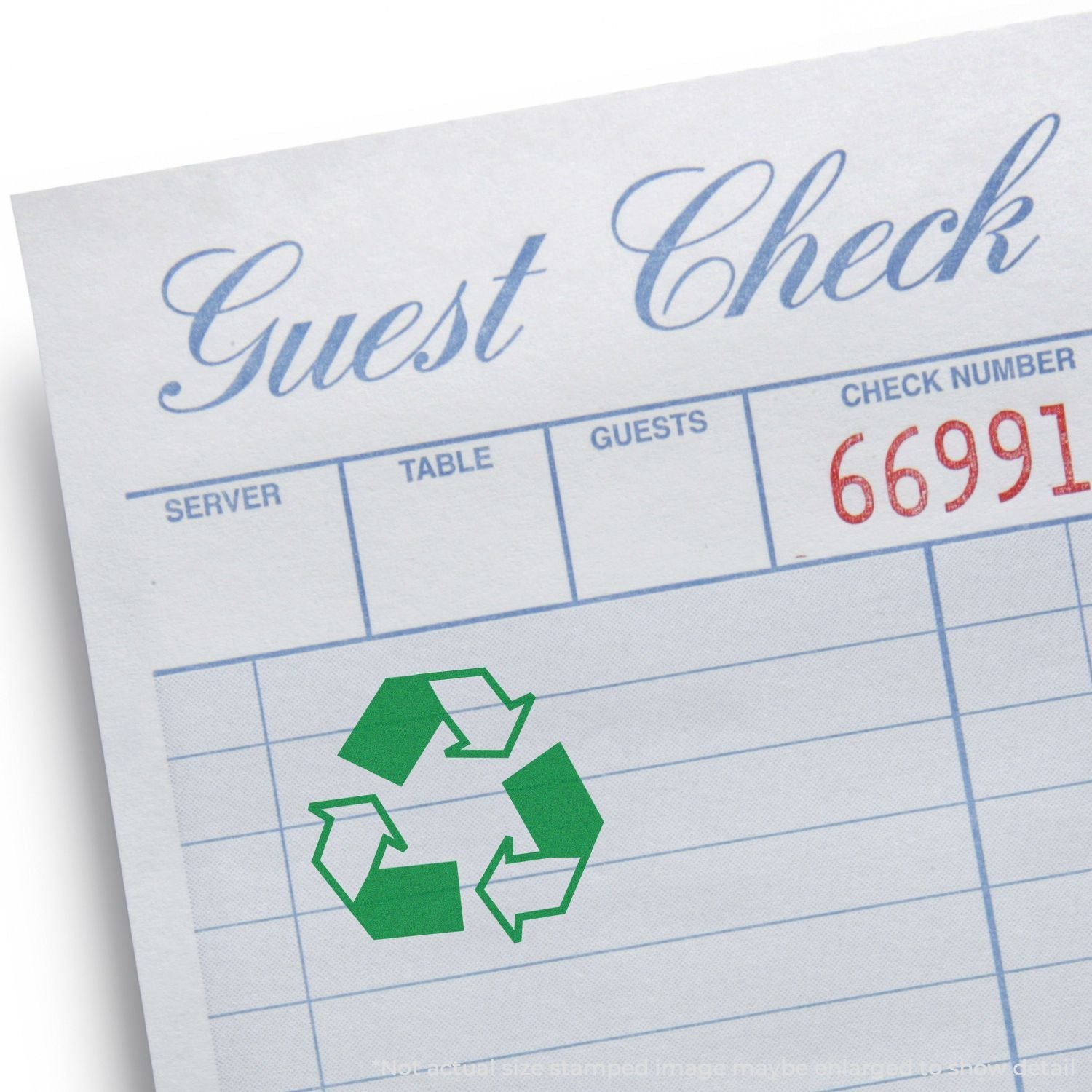 Close-up of a guest check receipt with green recycling symbol, representing eco-friendly restaurant paper waste recycling.