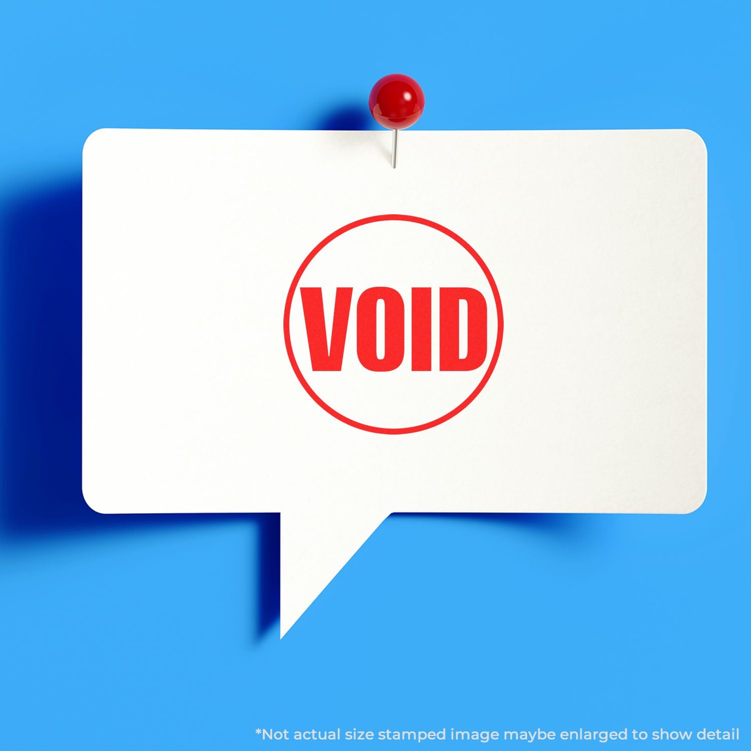 Red VOID stamp on white speech bubble pinned to blue background, blank empty label concept.