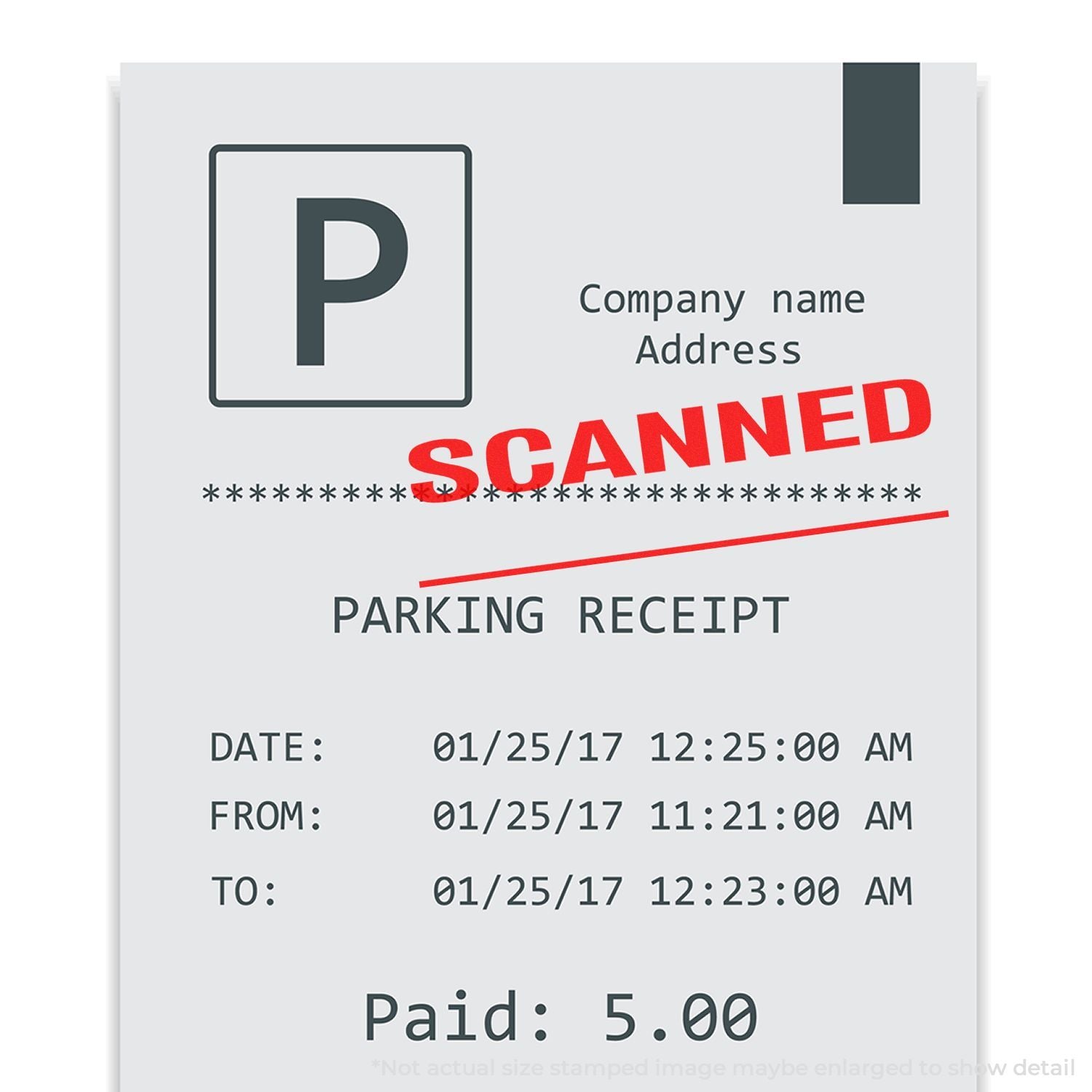 Scanned parking receipt showing company name, date and time details, and paid amount of $5.00 with a red SCANNED stamp.