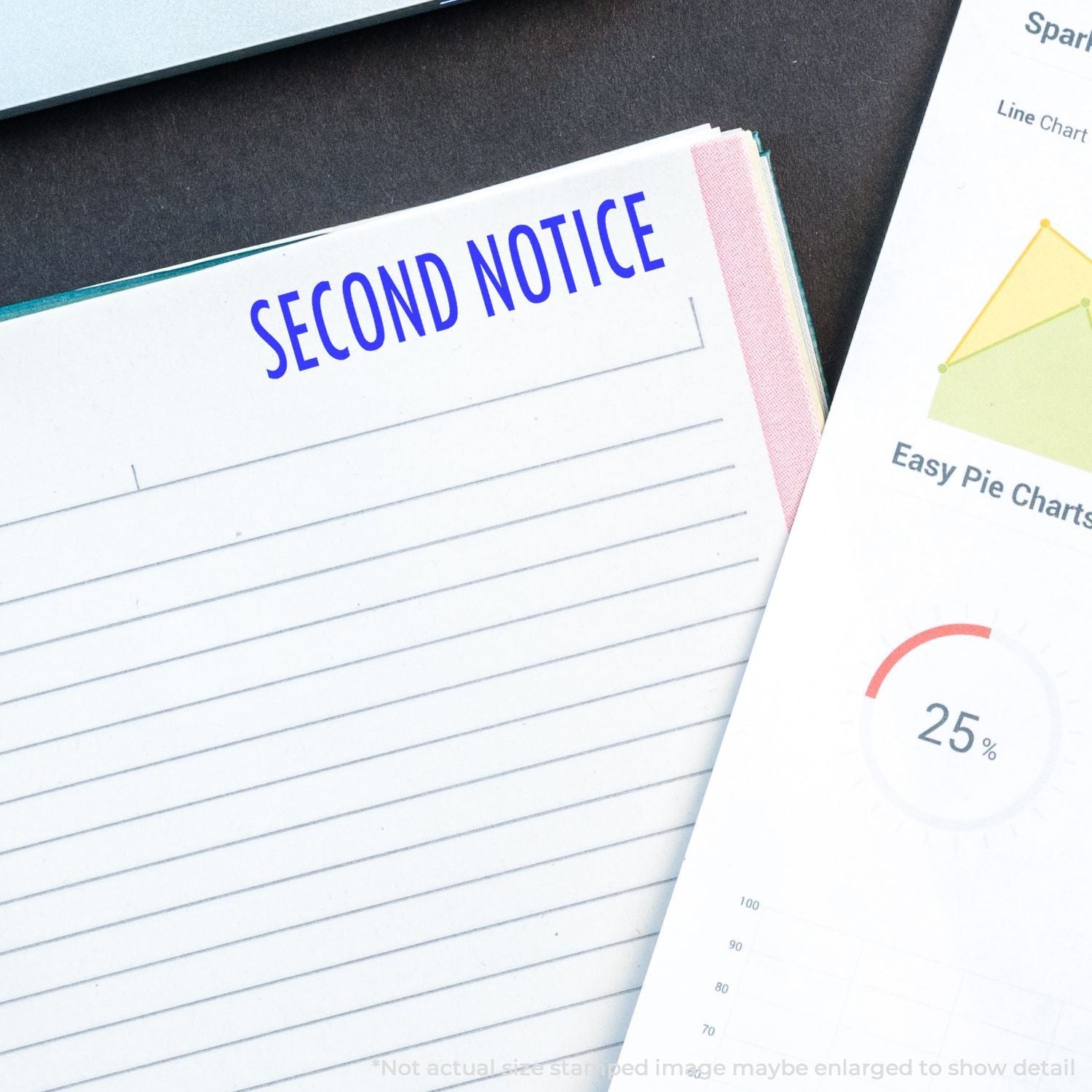 Second notice letter template with lined paper and business charts on desk