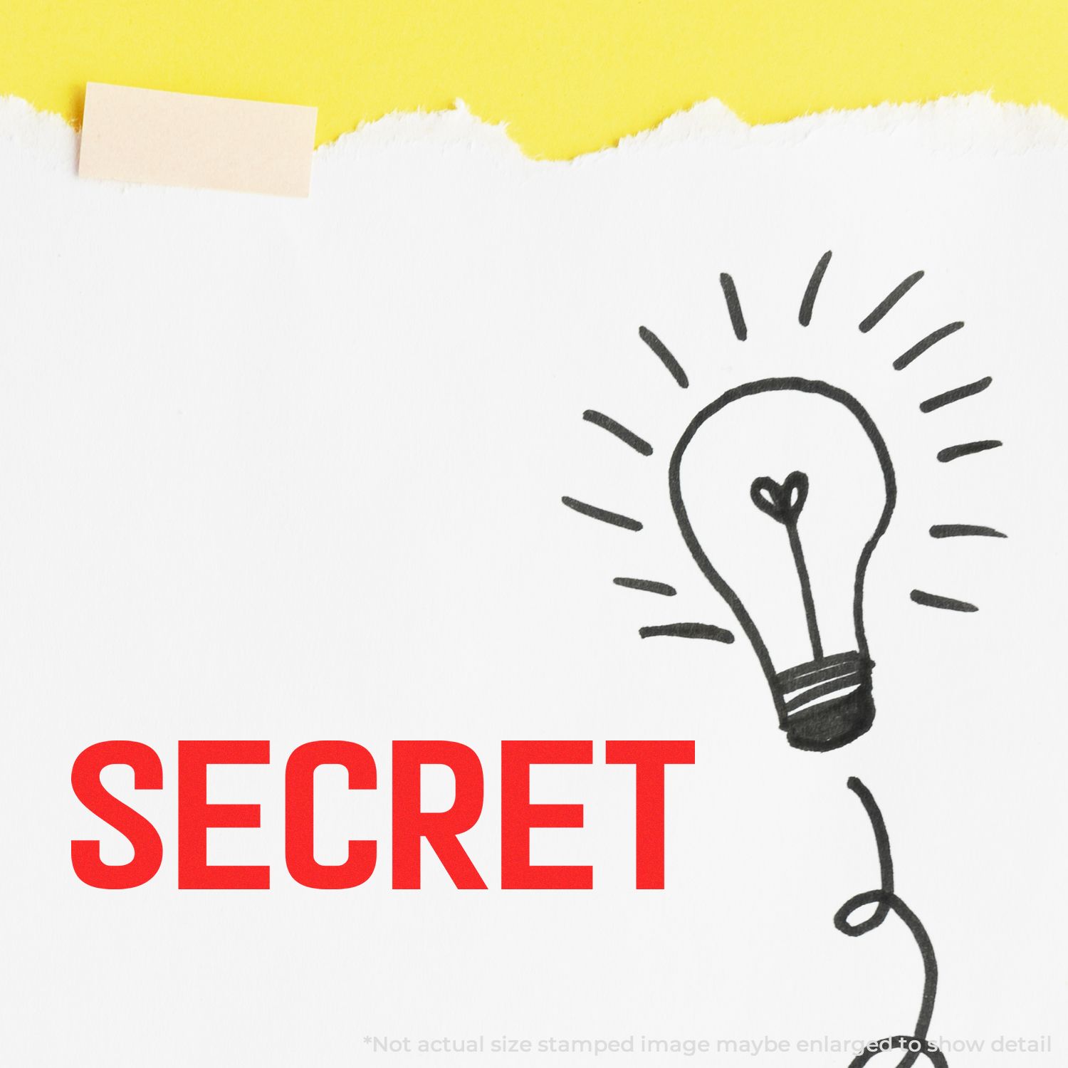 Hand-drawn light bulb and red SECRET text on white paper with yellow torn border, creative concept illustration.