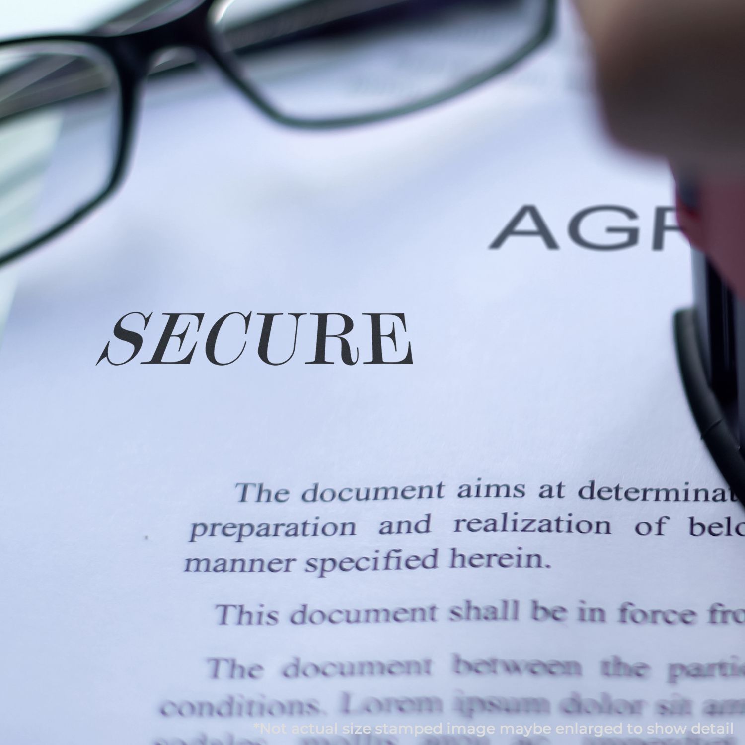 Close-up of a secure confidential legal contract document with glasses and SECURE stamp.