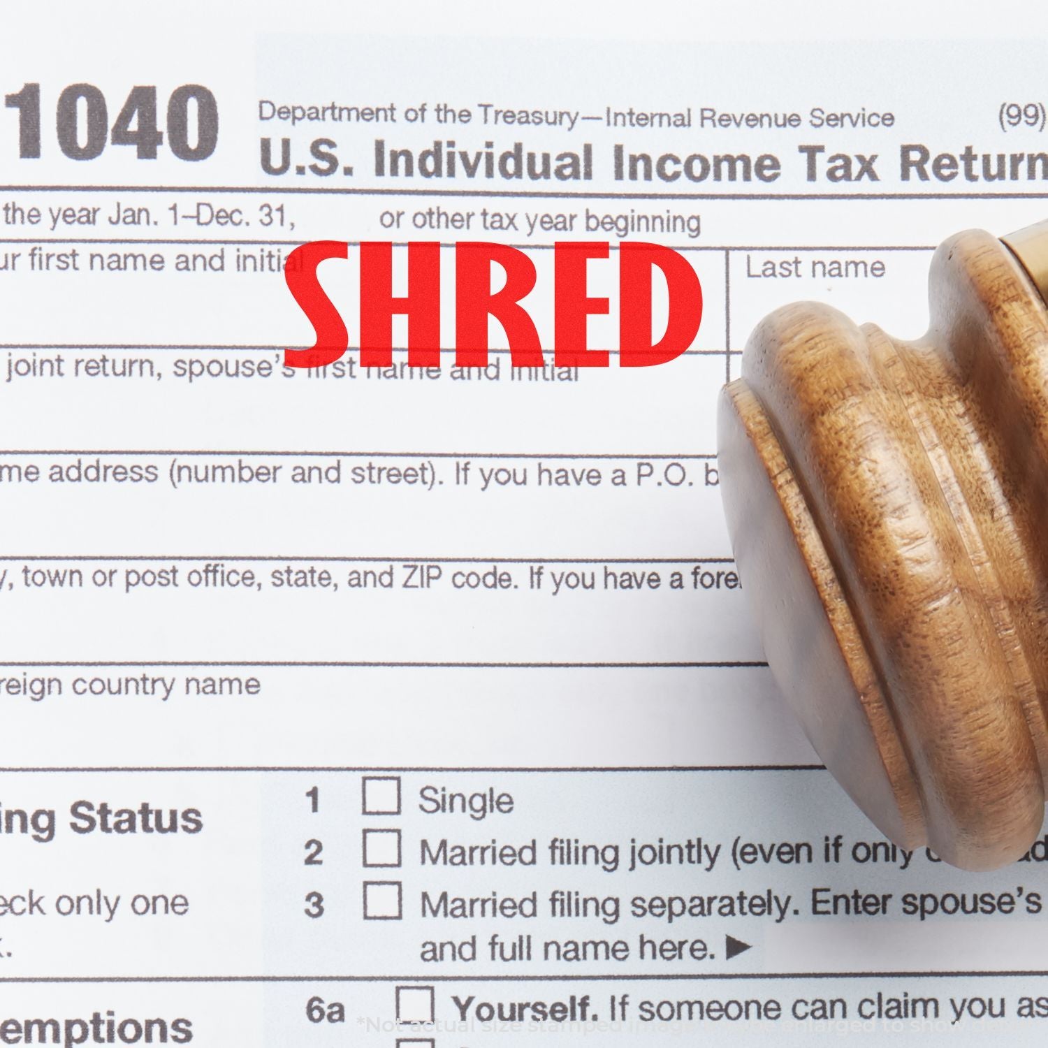 IRS Form 1040 with red SHRED text and paper shredder, symbolizing destroyed U.S. individual income tax return documents.