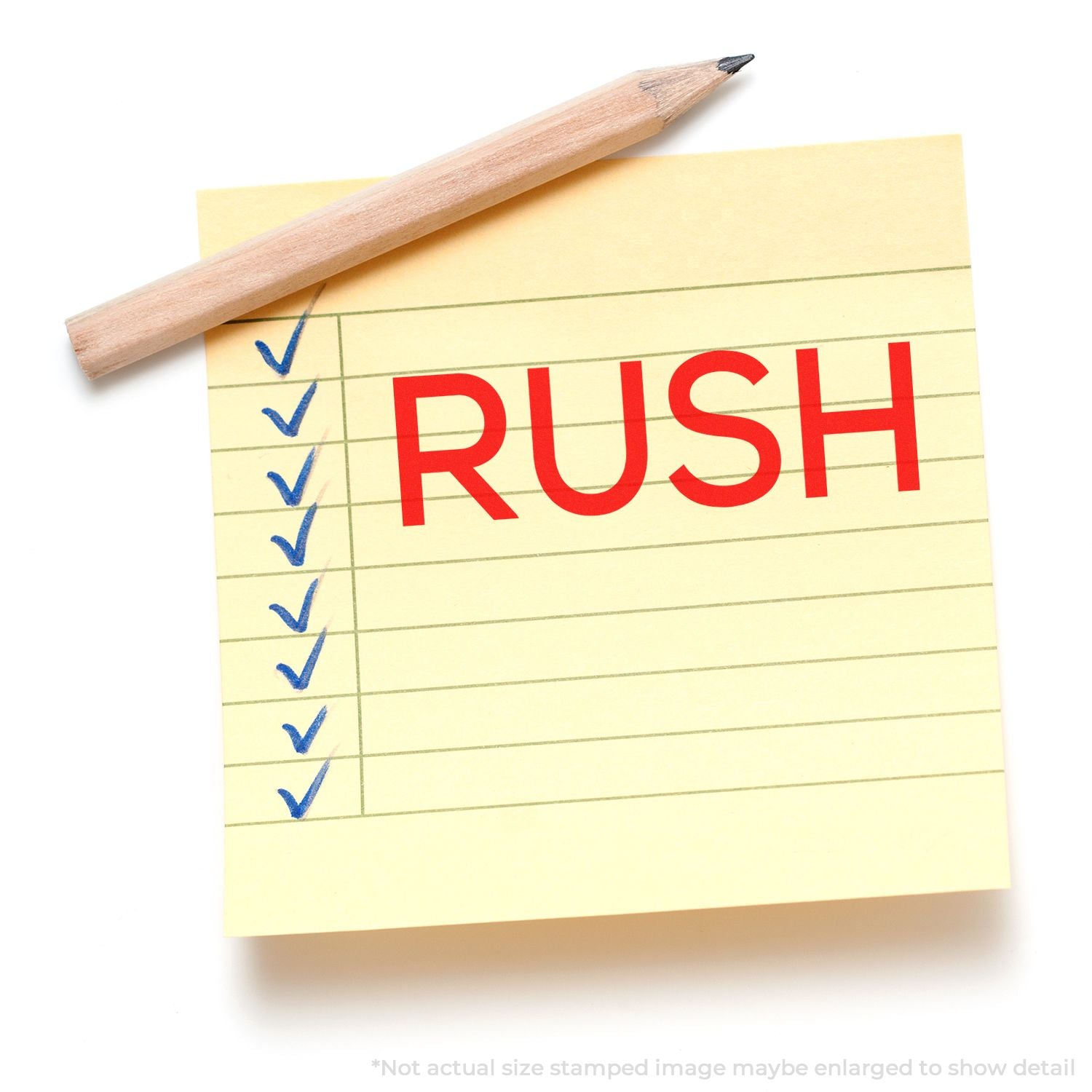 Pencil resting on yellow checklist note with bold red RUSH indicating urgent priority order processing.