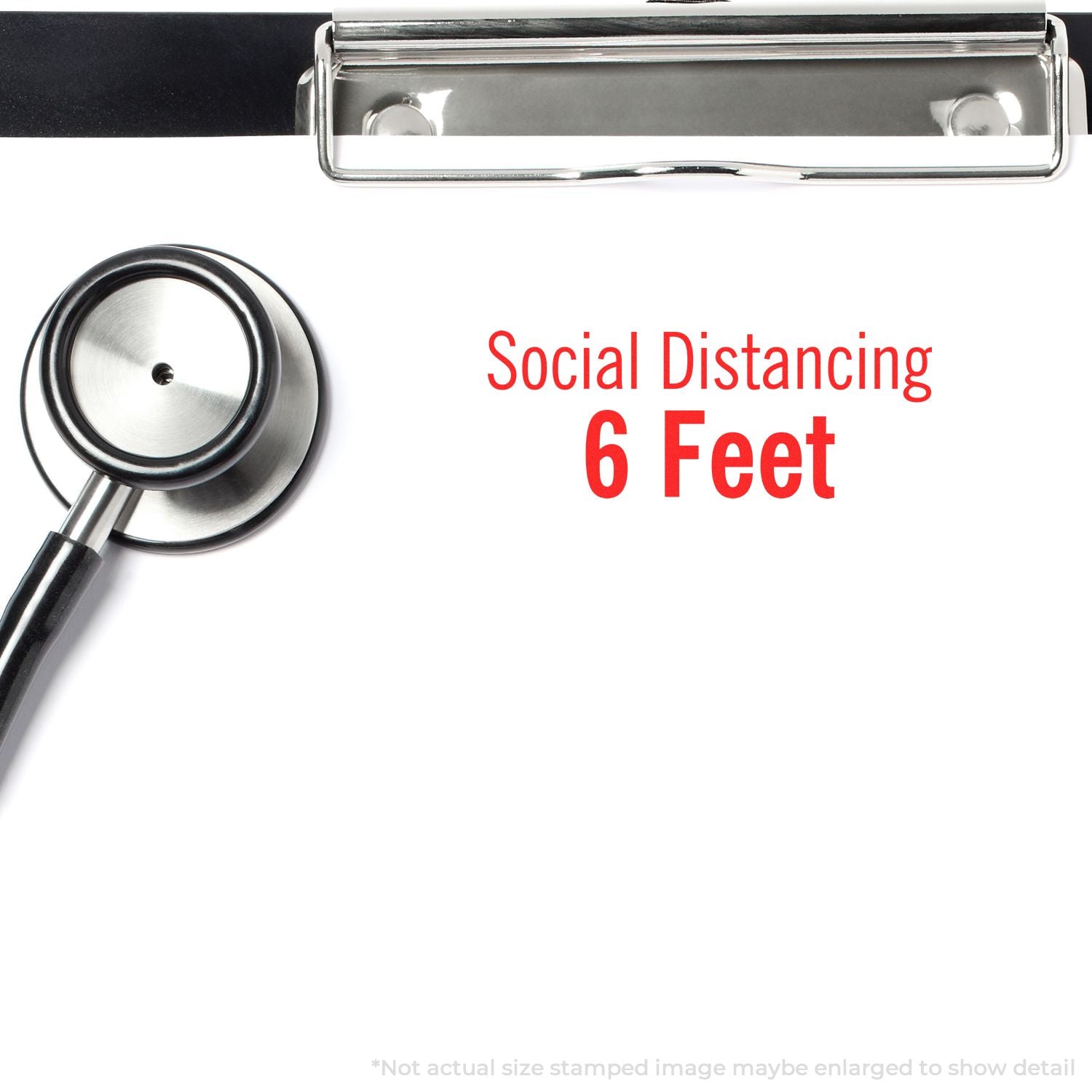 Social distancing reminder for public health: keep 6 feet apart, shown with stethoscope and healthcare safety messaging banner.