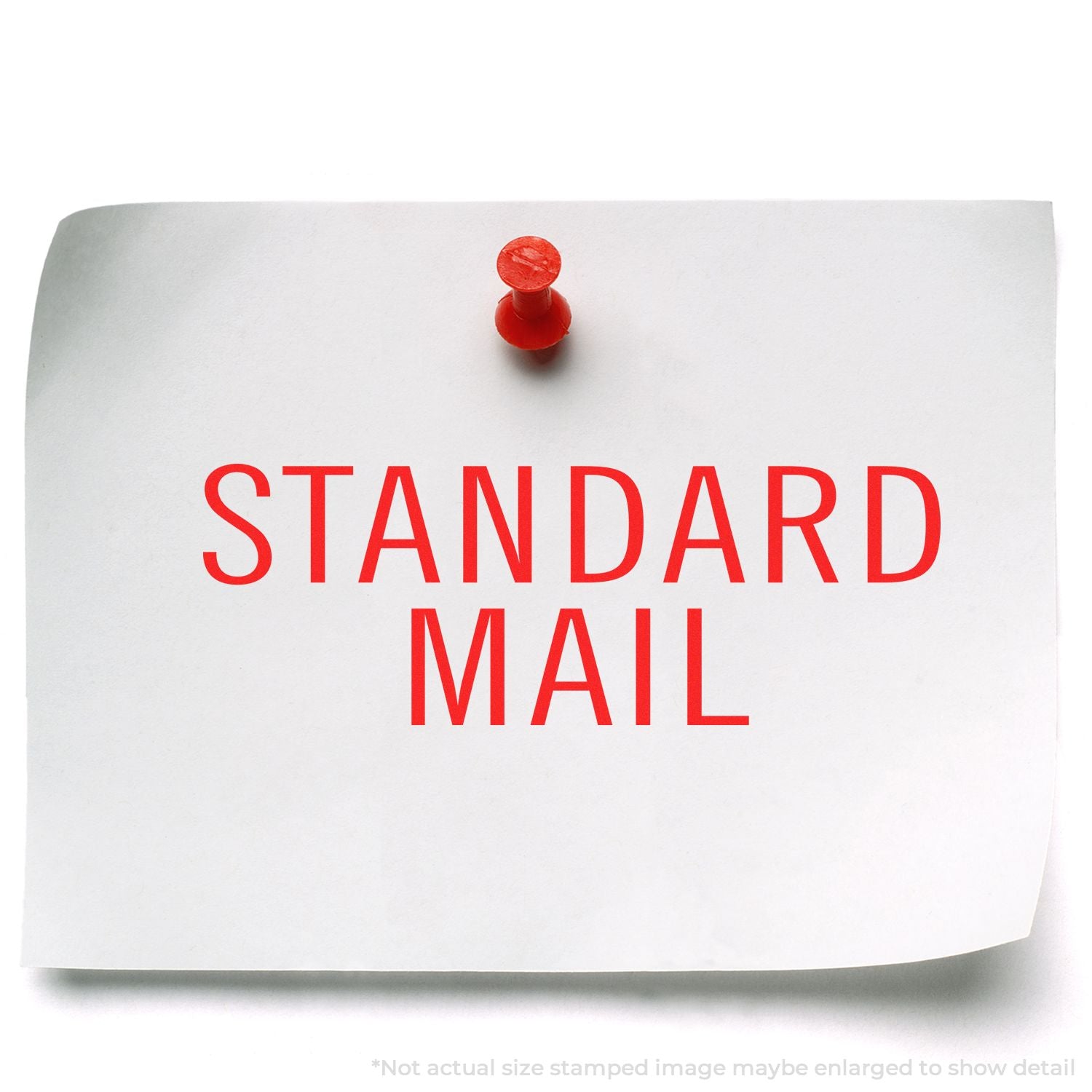 White paper note pinned with red pushpin and bold red STANDARD MAIL text.
