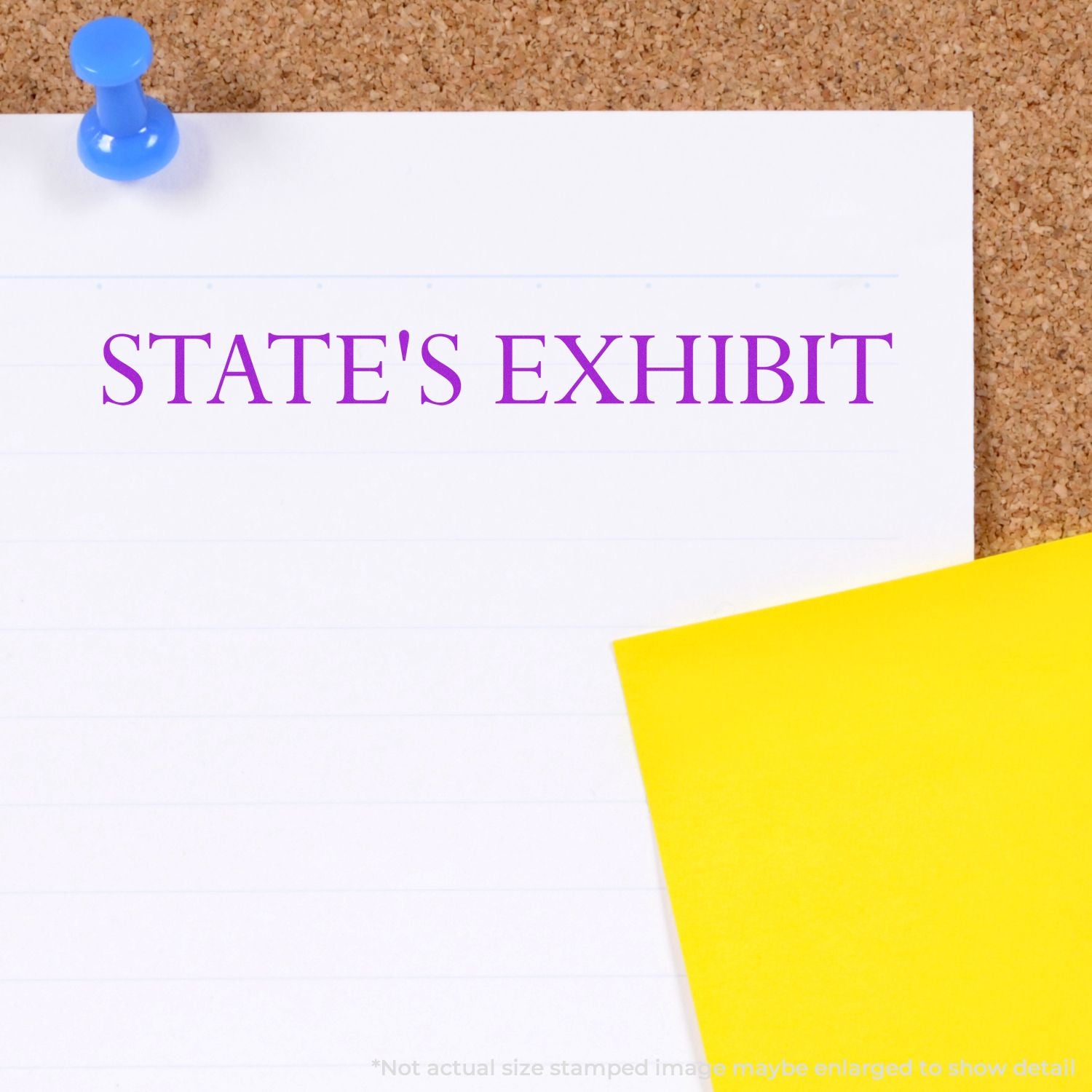 States exhibit label on white paper pinned to a corkboard with a blue pushpin and yellow sticky note.