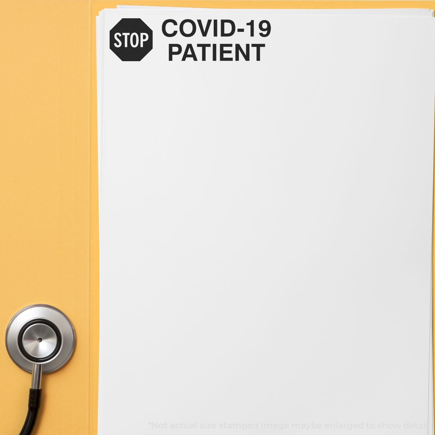COVID-19 patient isolation sign on hospital door with stop symbol and stethoscope, indicating safe handling and care protocols.
