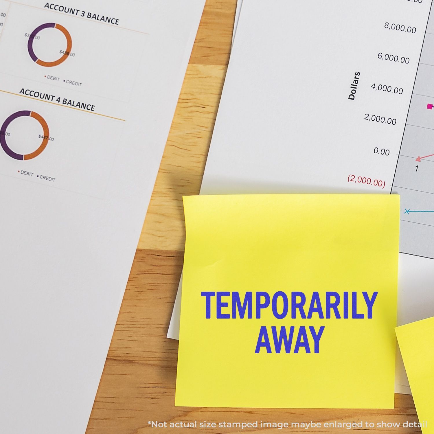 Accounting dashboard showing account balance charts and a yellow sticky note Temporarily away for temporary finance status.