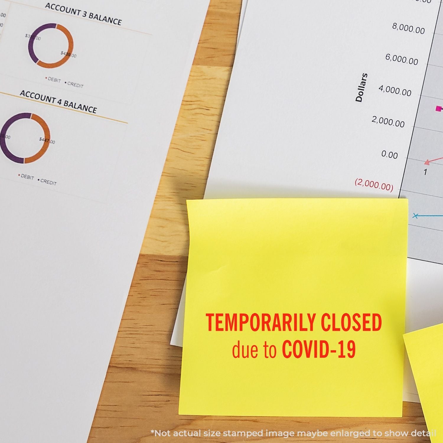 Yellow sticky note reading Temporarily Closed due to COVID-19 on financial reports and business charts, concept of pandemic business closure and accounting impact.