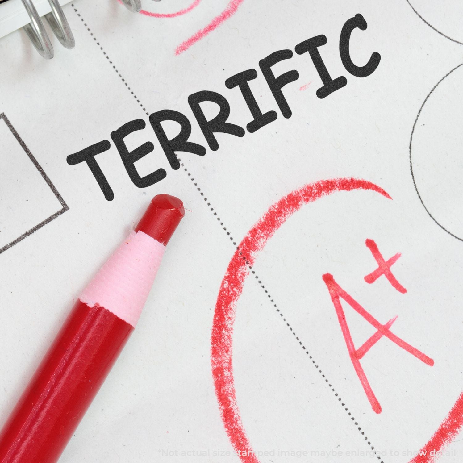 Terrific rating on a worksheet with red marks and a pen, showing positive feedback and achievement score.