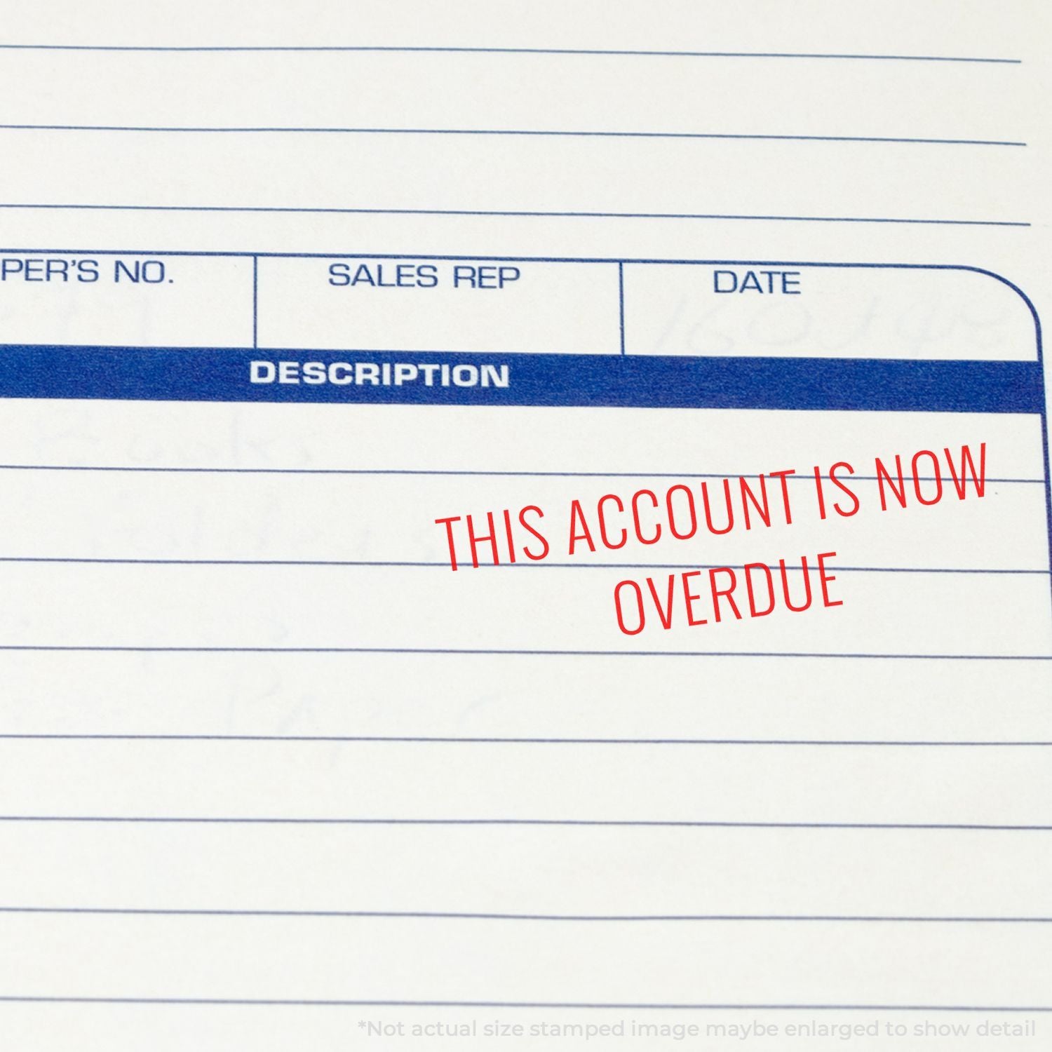Business invoice form stamped with red This account is now overdue notice on a lined document page.
