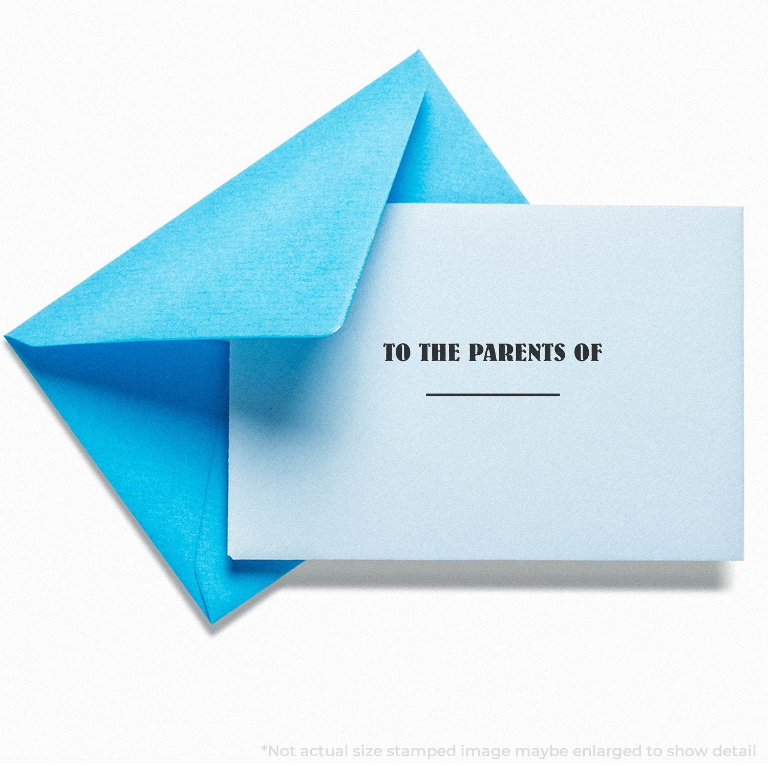 Blue folded envelope card with To the Parents of printed on a white invitation background