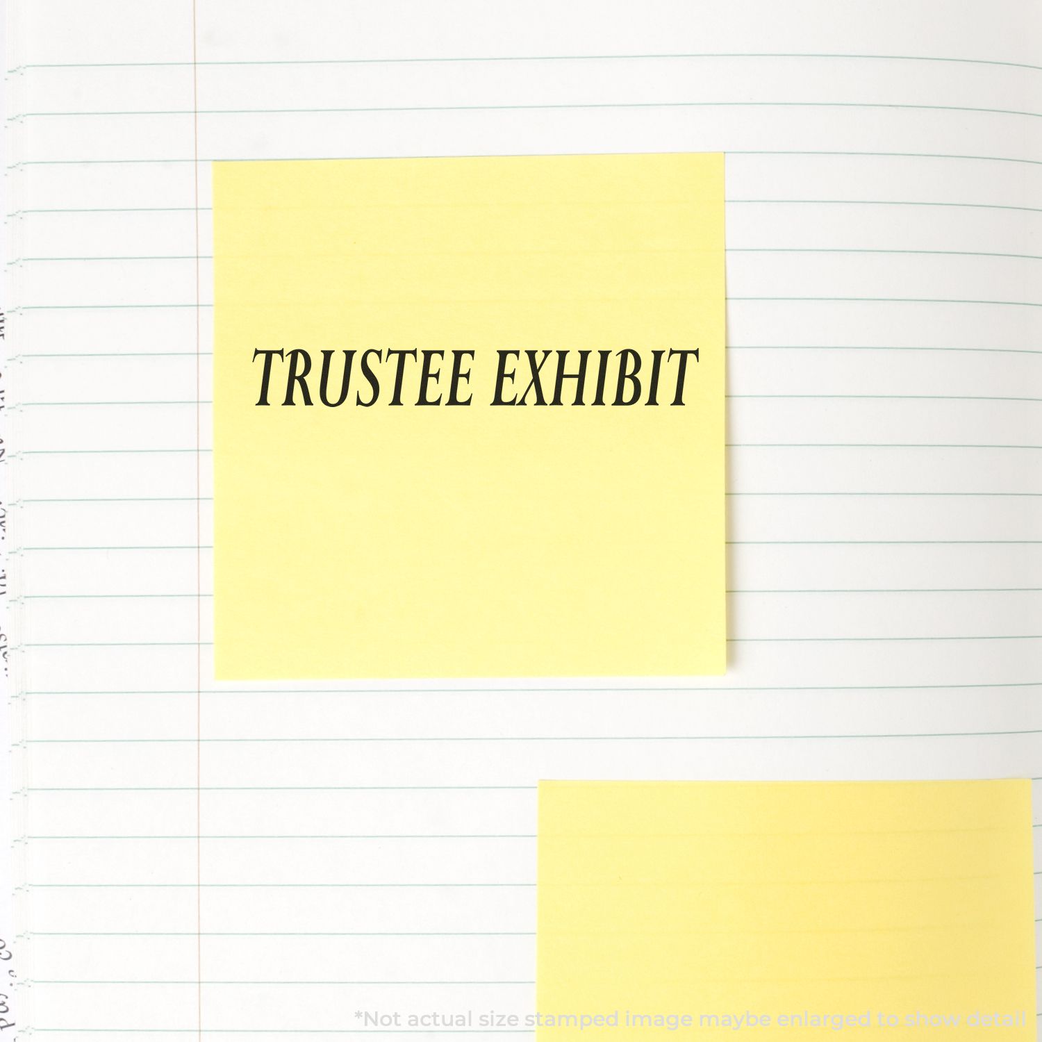 Yellow sticky note labeled Trustee Exhibit on lined paper with a second blank sticky note, legal document template background.