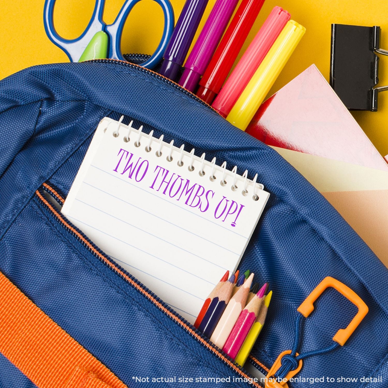 Colorful school supplies in a blue backpack with notebook, markers, pencils, scissors, and paper clips on a yellow background.