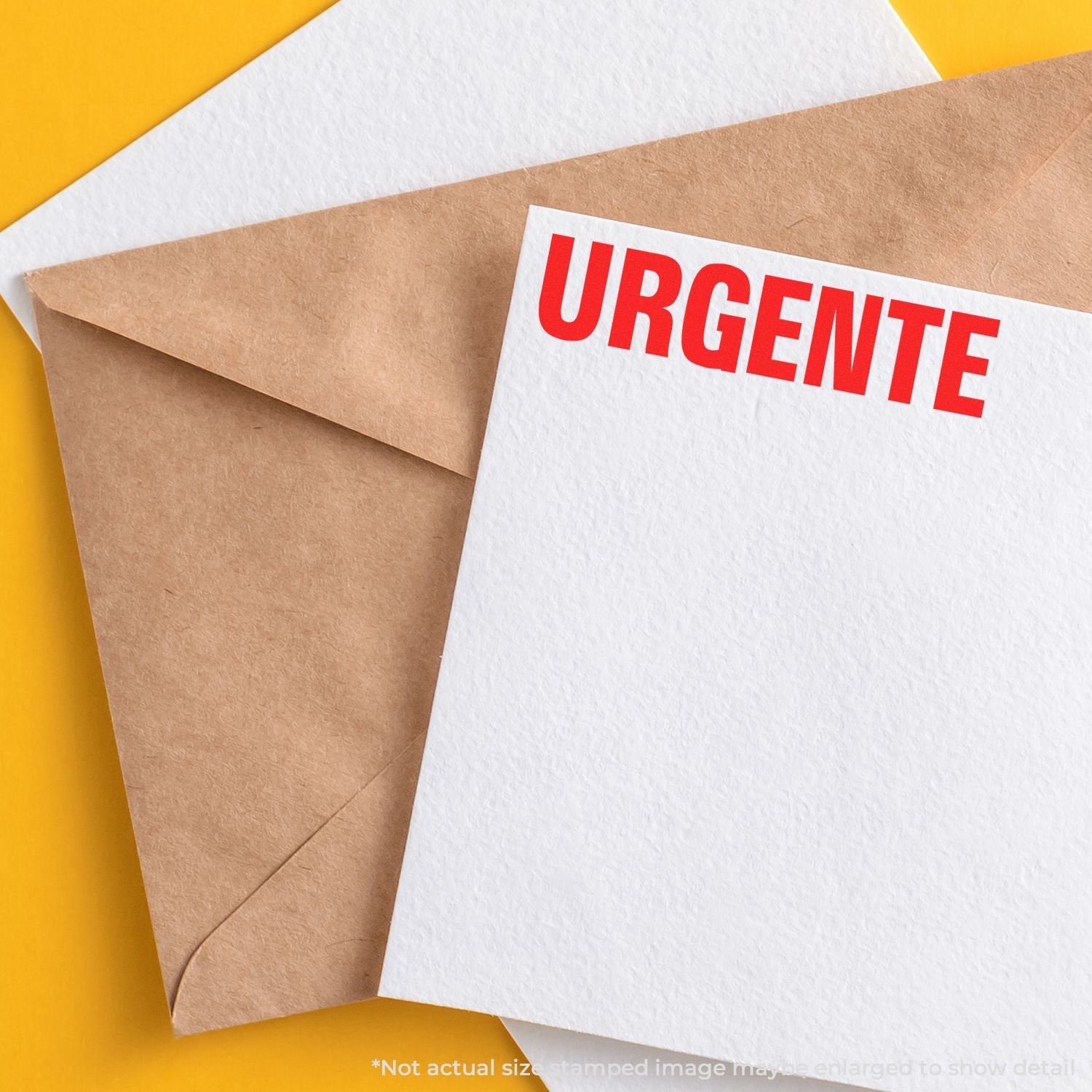 Urgent notice on white paper placed over a kraft envelope on a bright yellow background.