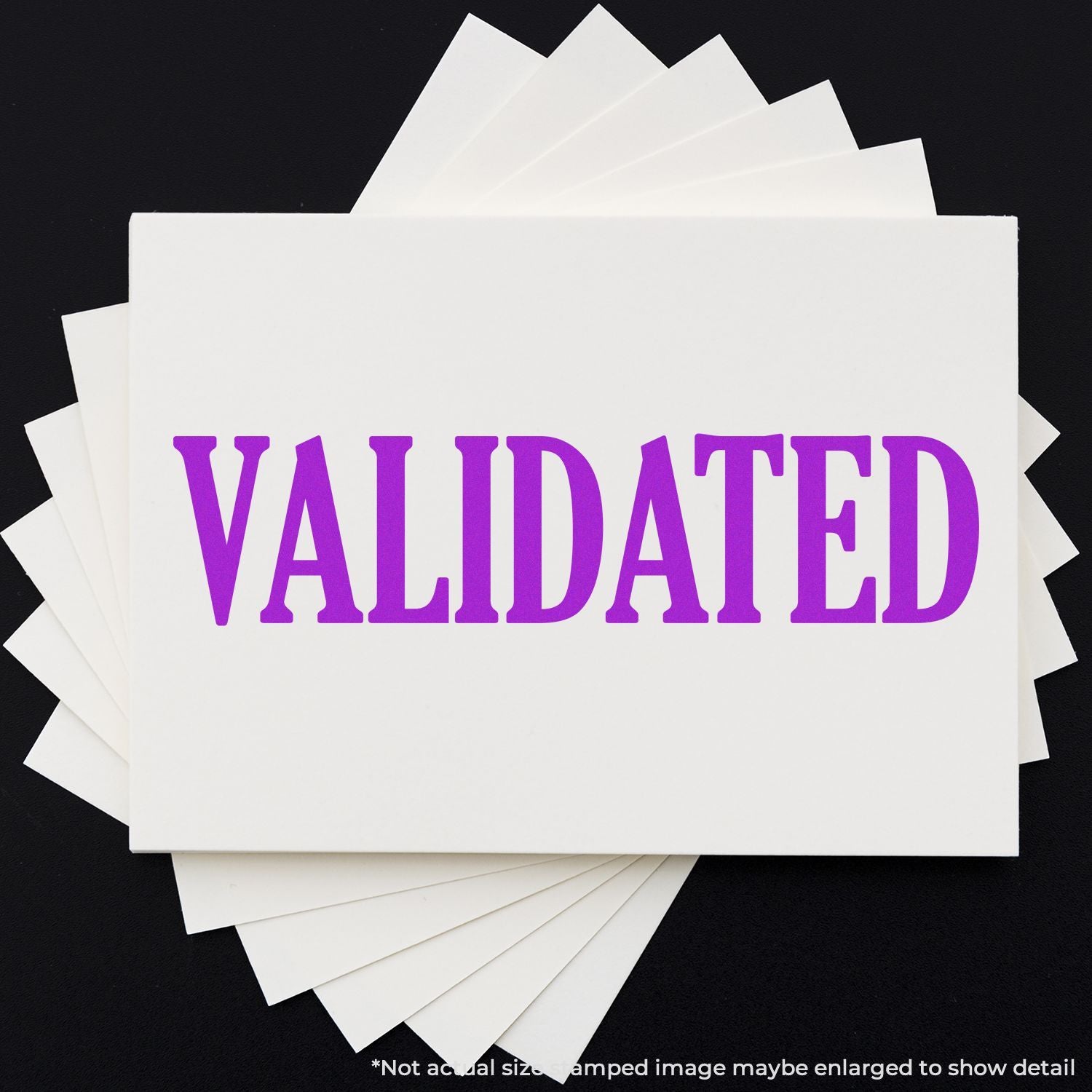 Stack of white cards on black background with purple text VALIDATEDconfirmation of verification status for documents and credentials.