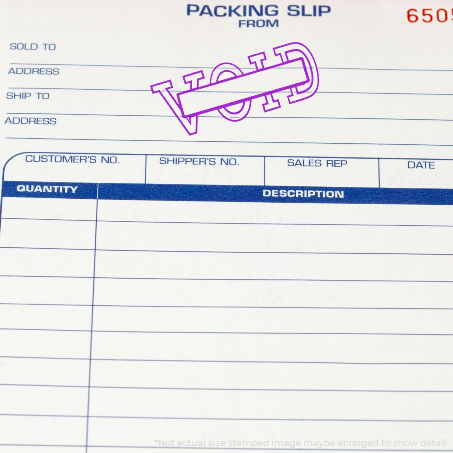 Packing slip form showing from/to addresses, item details, and shipping fields for logistics and order fulfillment.