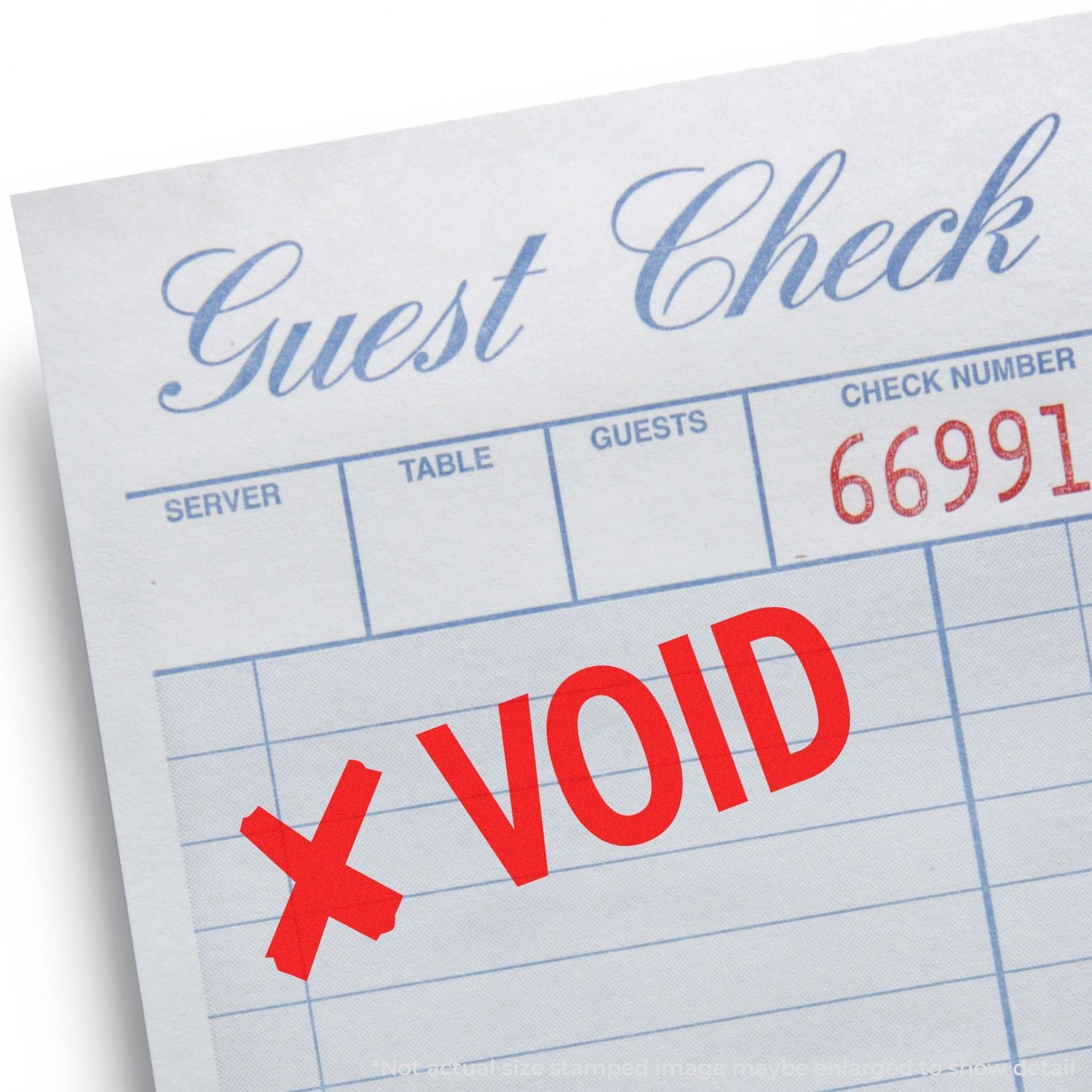 Restaurant POS guest check receipt marked VOID with check number 66991, indicating cancelled payment.