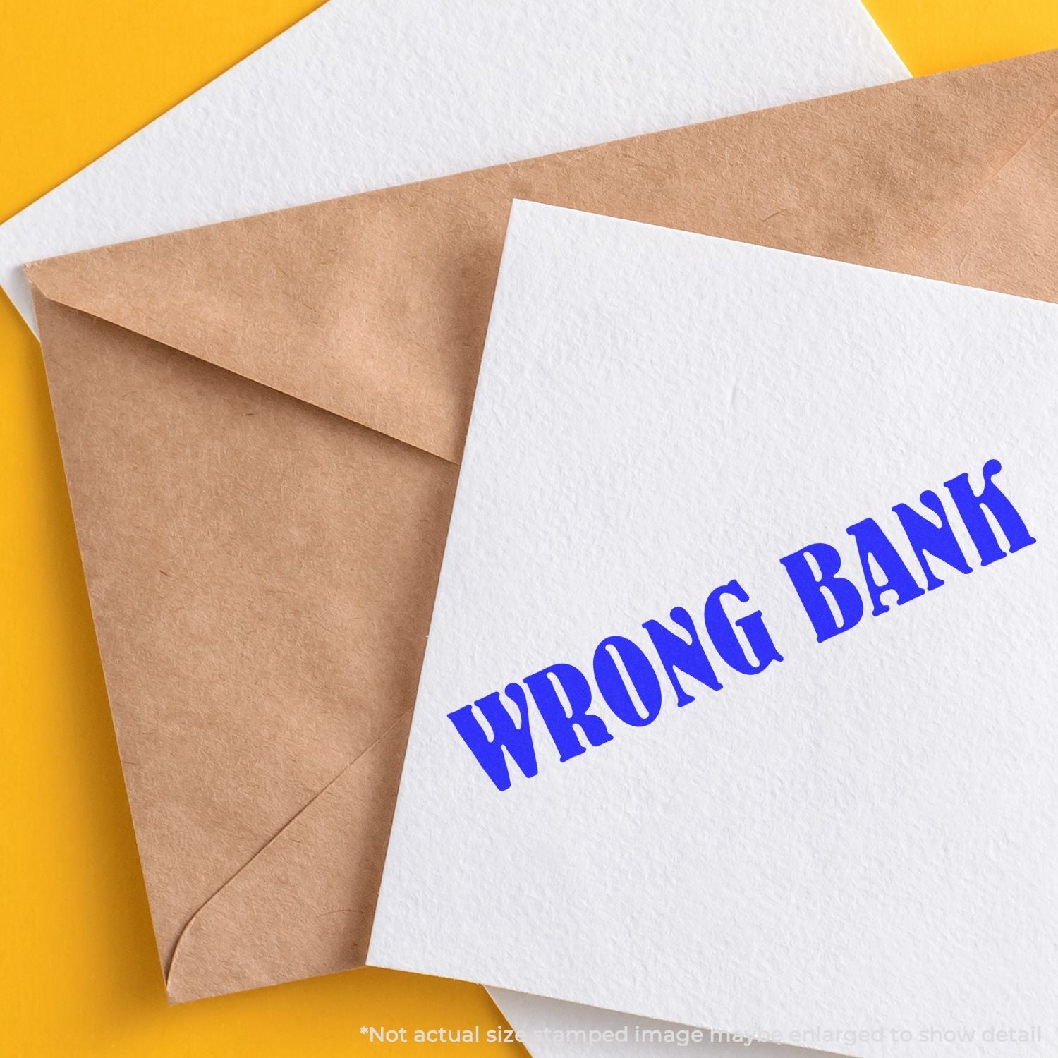 White envelope with WRONG BANK stamped in blue on a yellow background, concept for banking error or financial rejection.