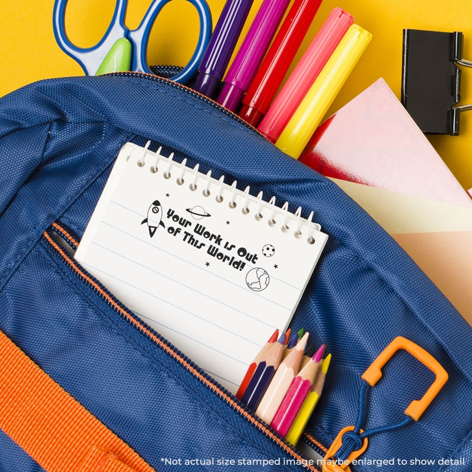 Back-to-school kid backpack with Your Work is Out of This World! notebook, colored pencils and markers for learning supplies