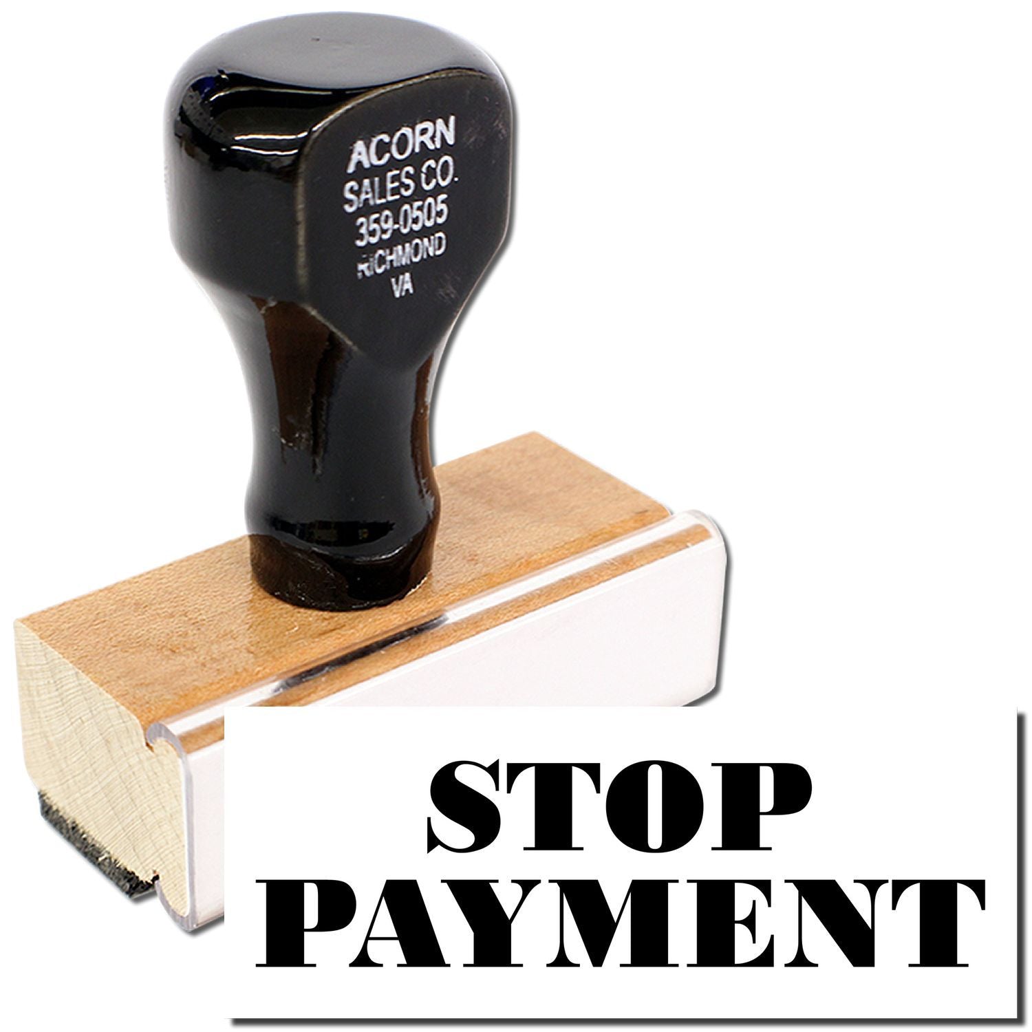 Black STOP PAYMENT rubber stamp with Acorn Sales Co. text on white background