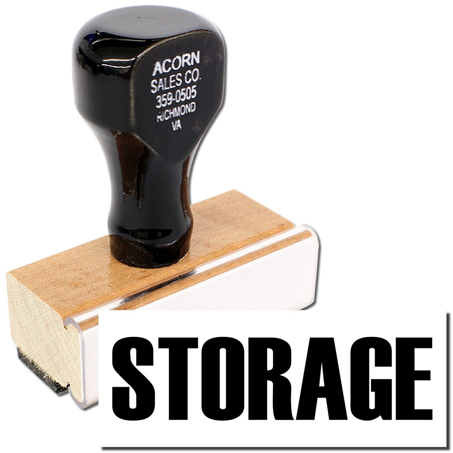 Black rubber storage stamp on wooden handle for office labeling and document organization