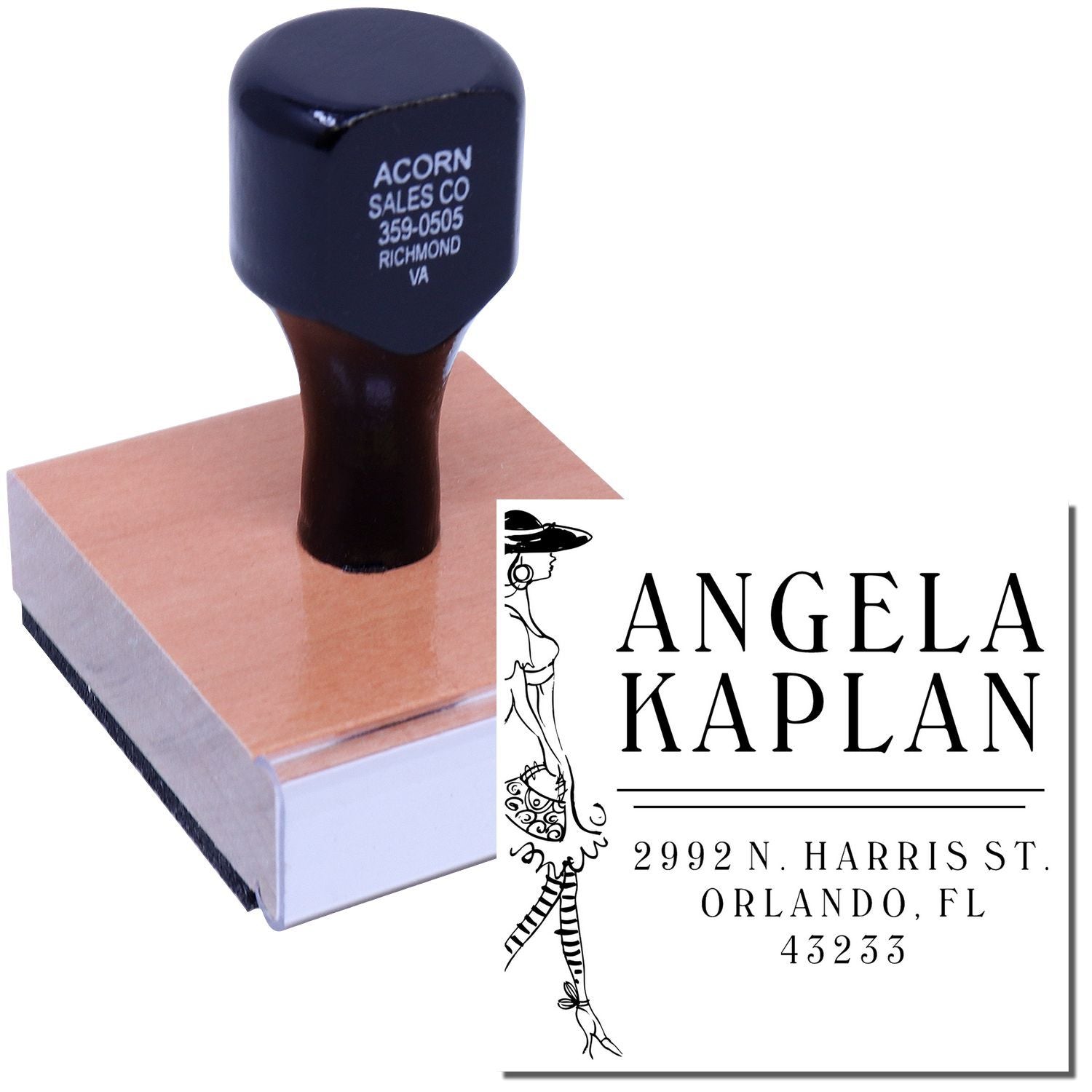 Rubber stamp imprint for Angela Kaplan with address 2992 N. Harris St, Orlando, FL 43233 on Acorn Sales Co stamp head mailing label
