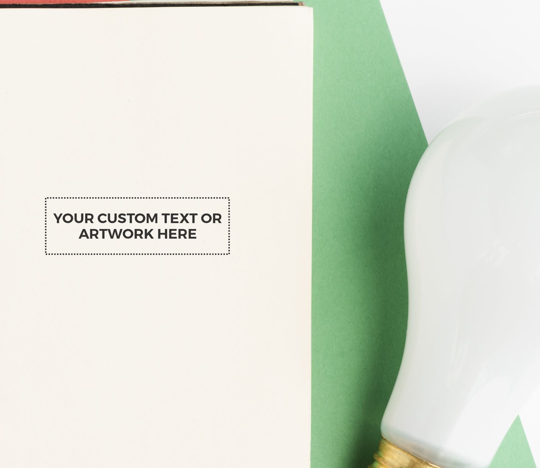 Marketing design mockup with green panel and customizable text/artwork area on a clean product layout