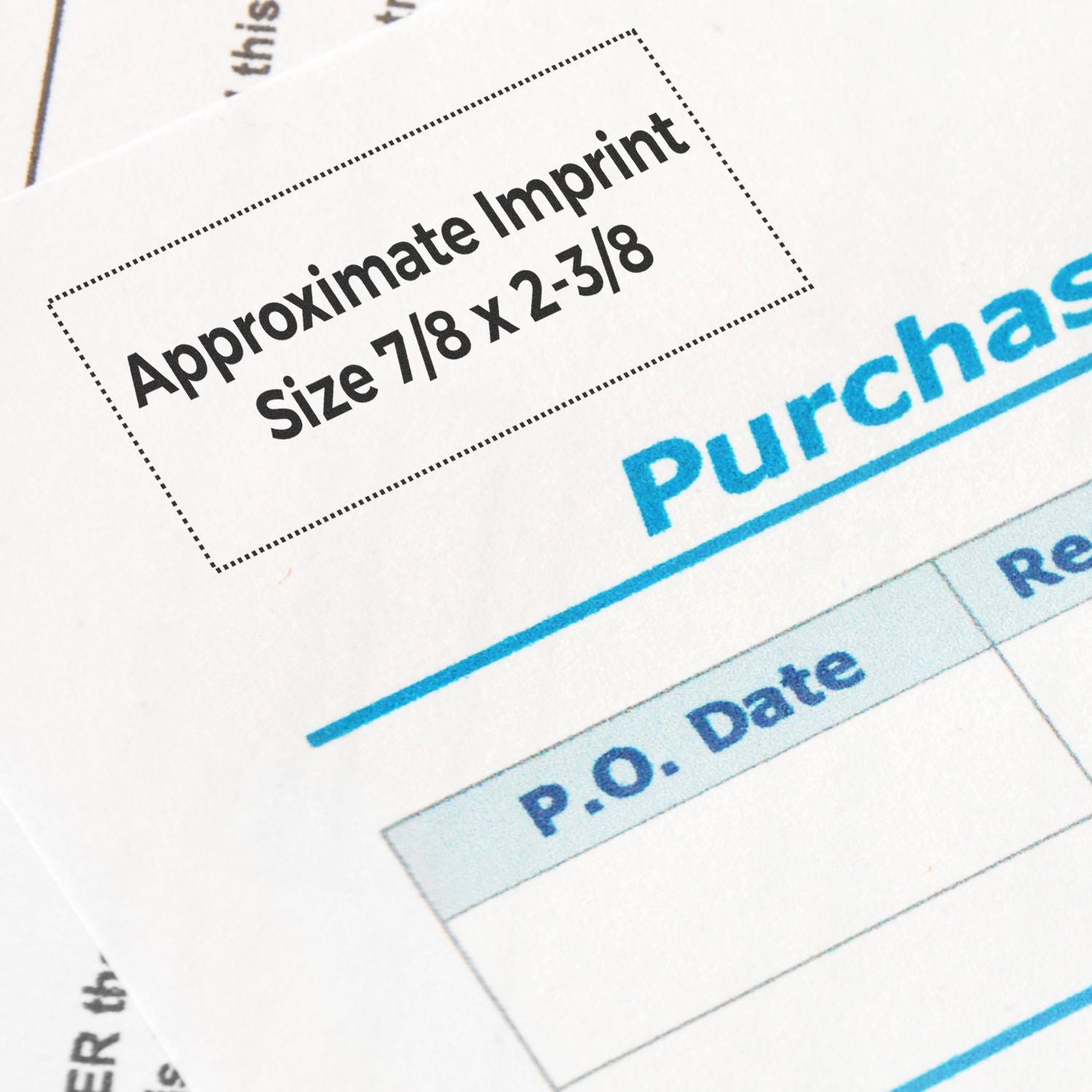 Close-up of a business purchase order form showing Approximate Imprint Size 7/8 x 2-3/8 text.