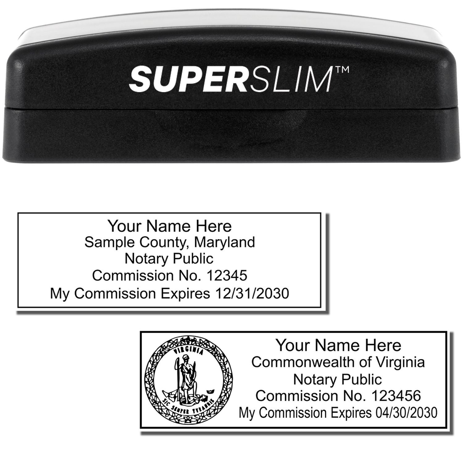 SuperSlim notary stamp with custom Maryland and Virginia notary public seal sample imprints on white background.