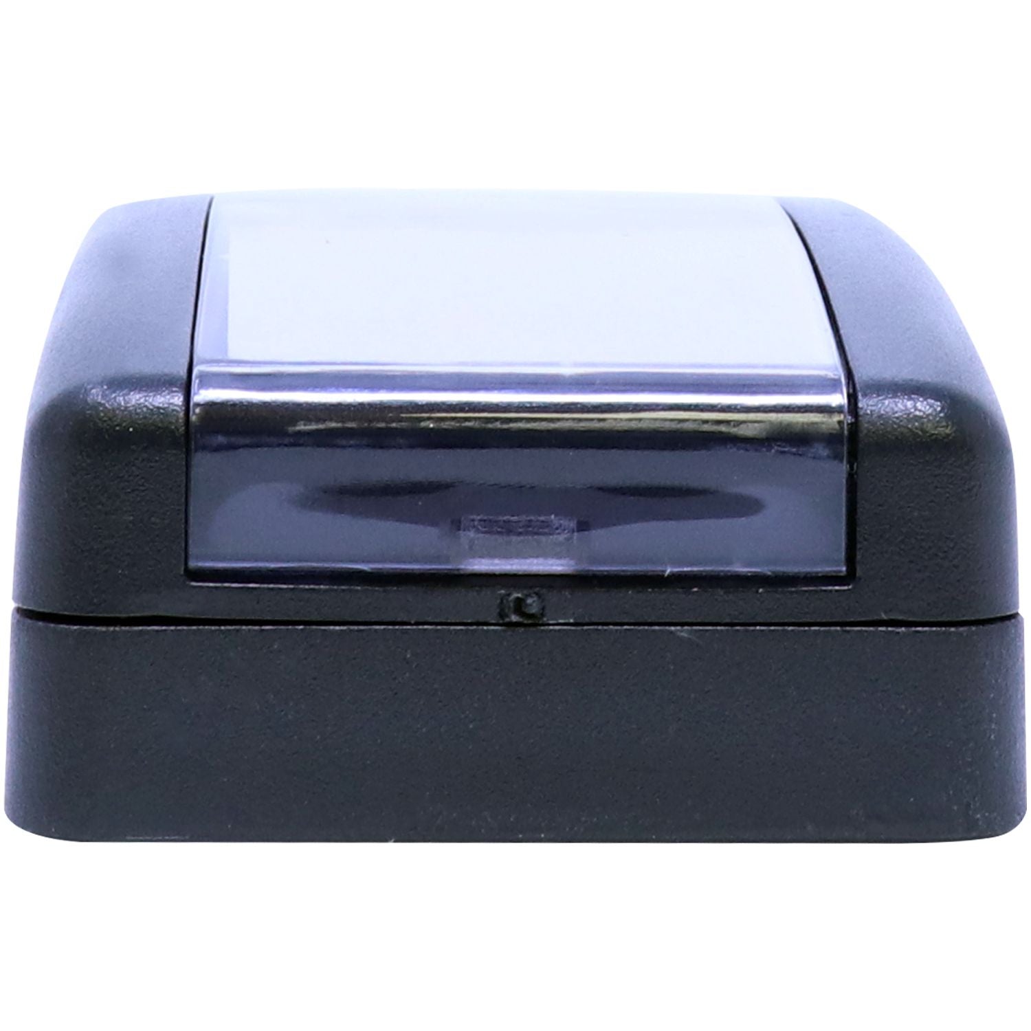 Black and silver countertop appliance with a clear plastic lid, isolated on a white background.