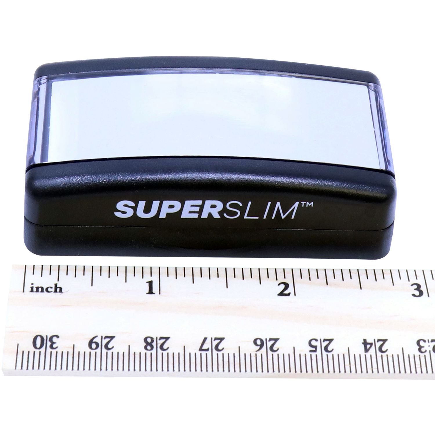 Superslim vape device close-up with inch measuring tape, showing compact size and dimensions for buyers.