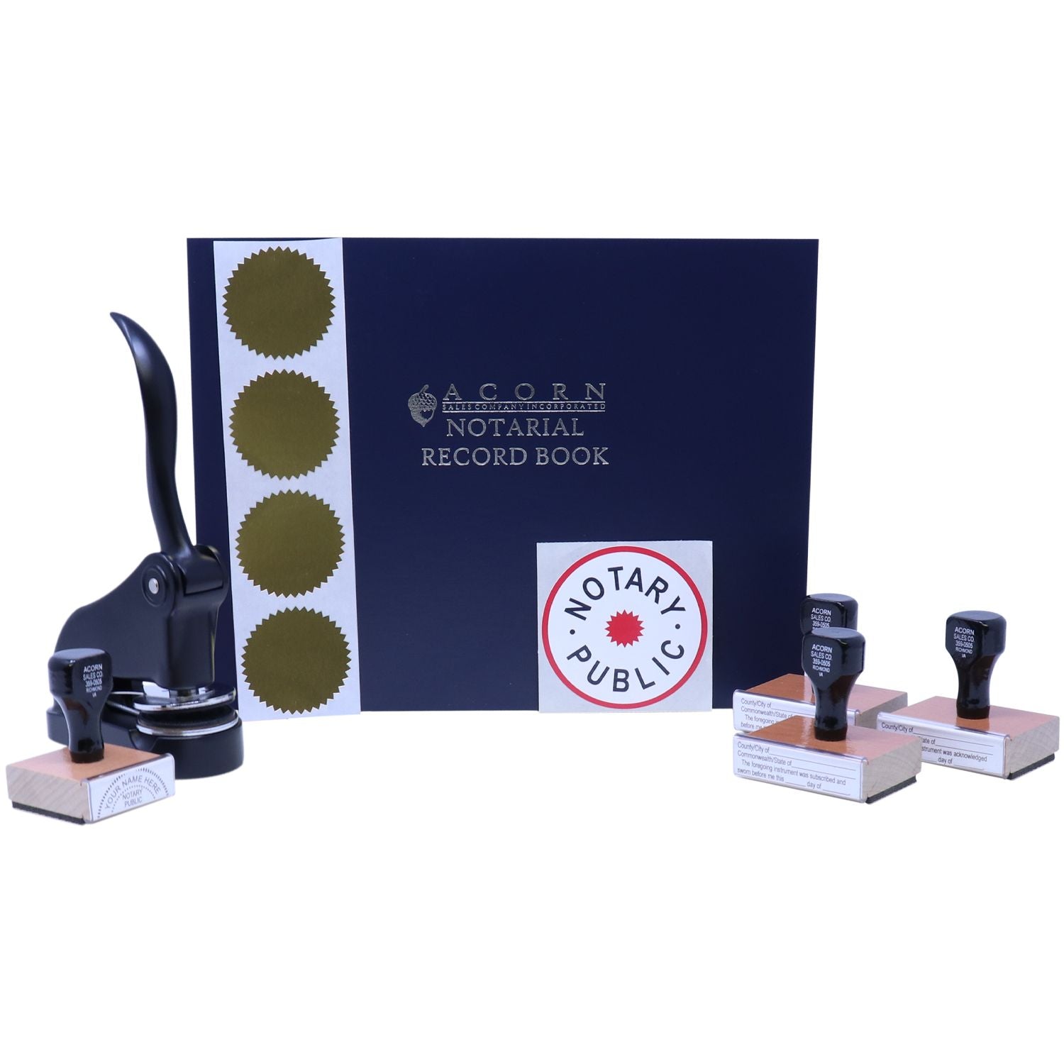 Notary public seal and embosser set with Acorn Notarial Record Book and stamp pads on white background