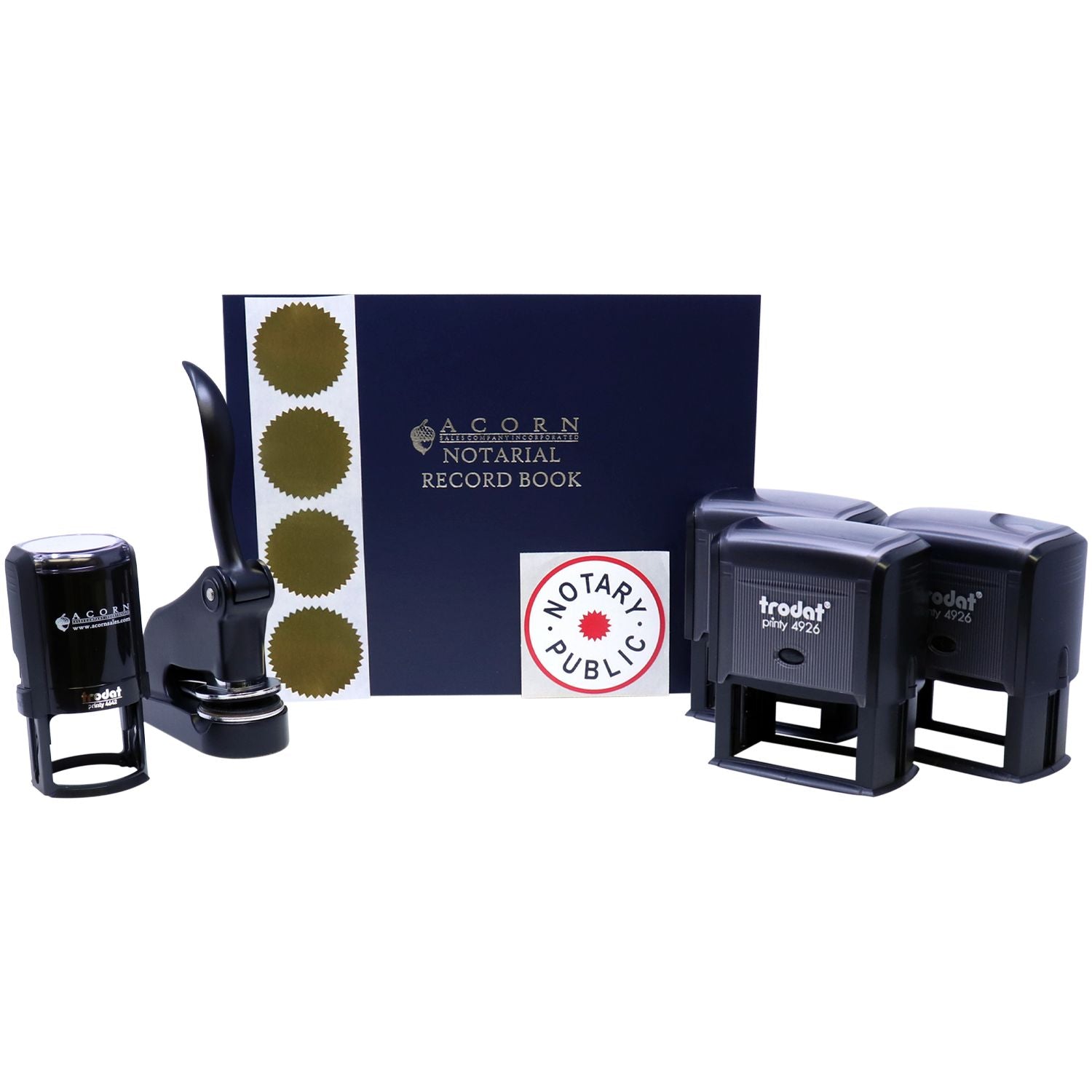 Notary public supplies set with notarial record book, embosser, stamps, and gold seal labels on white background.