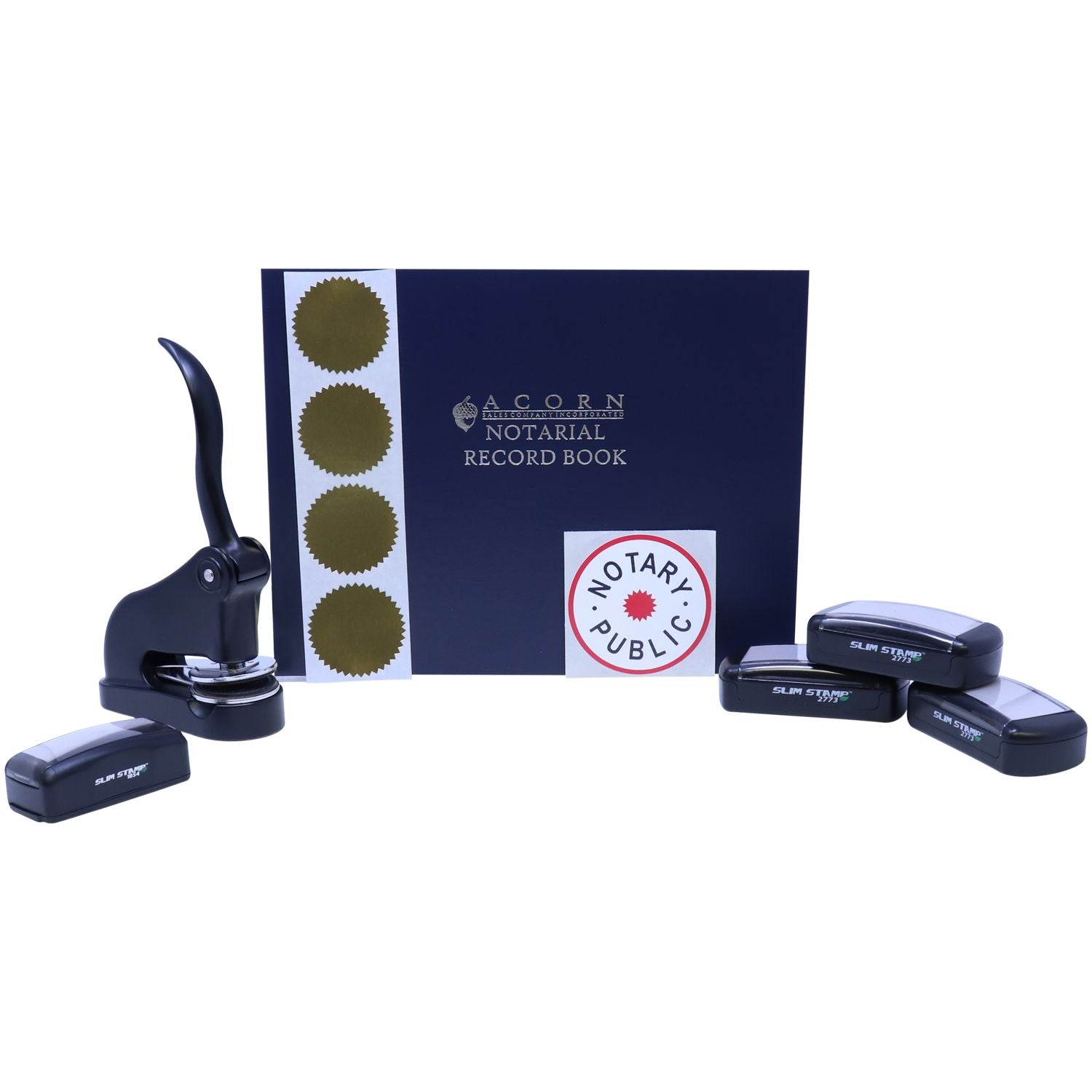 Notary public record book with embosser and slim stampers for official document sealing and notarization.