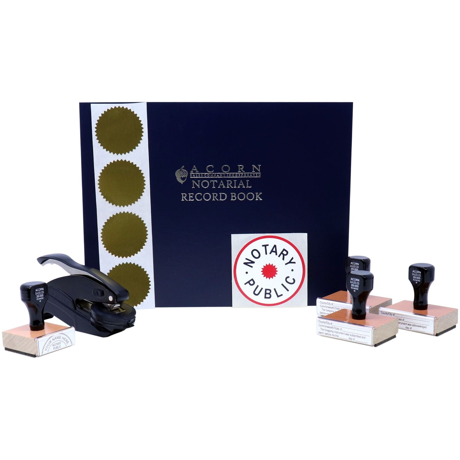 Notary public supplies set with notarial record book, official seals, and stampers for document notarization.