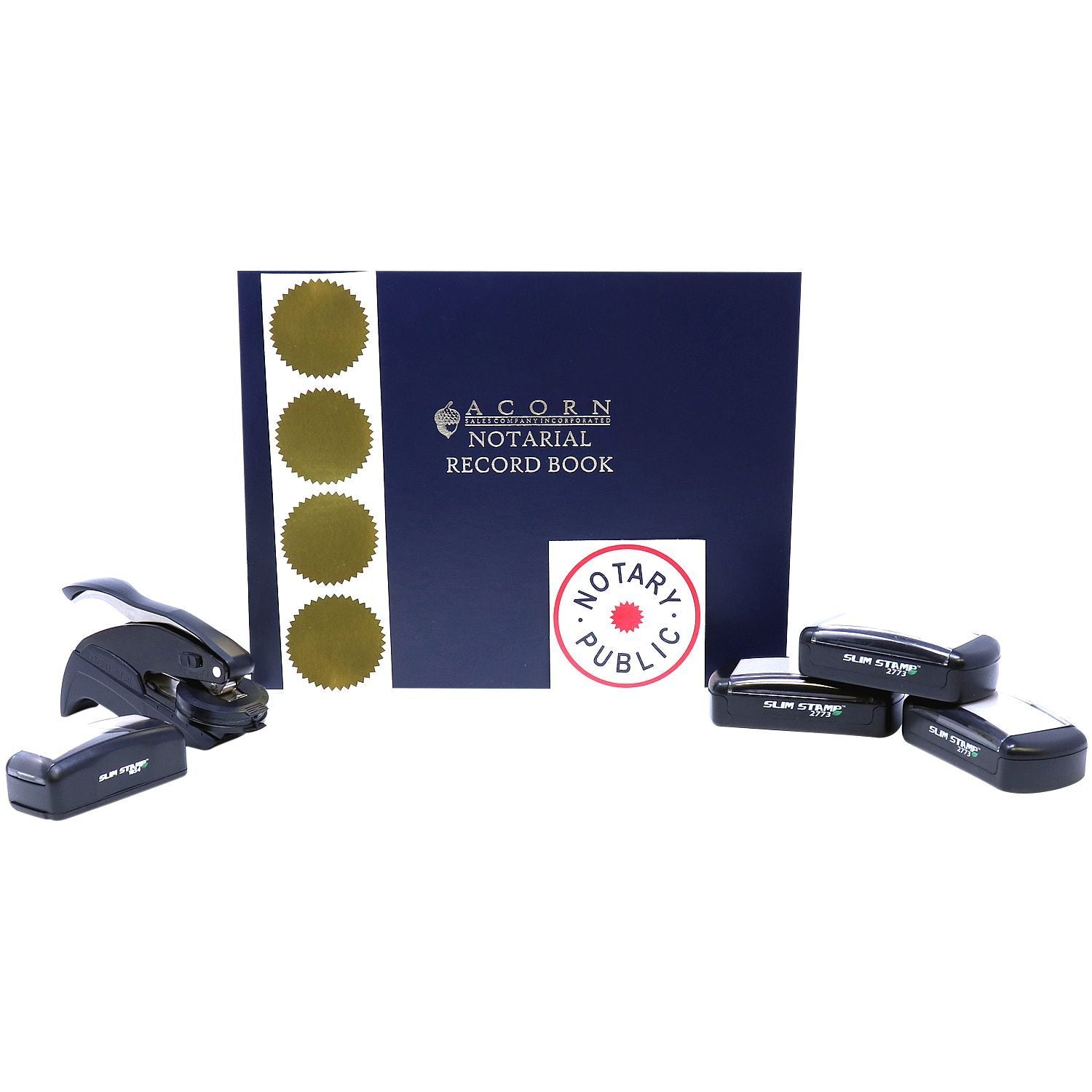 Notary public record book with official seal stickers and slim stamp tools for notarization services.