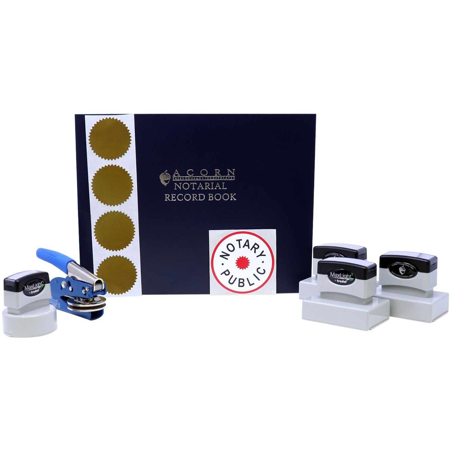 Notary public record book with official seal stamps and embossing tool for legal document authentication.
